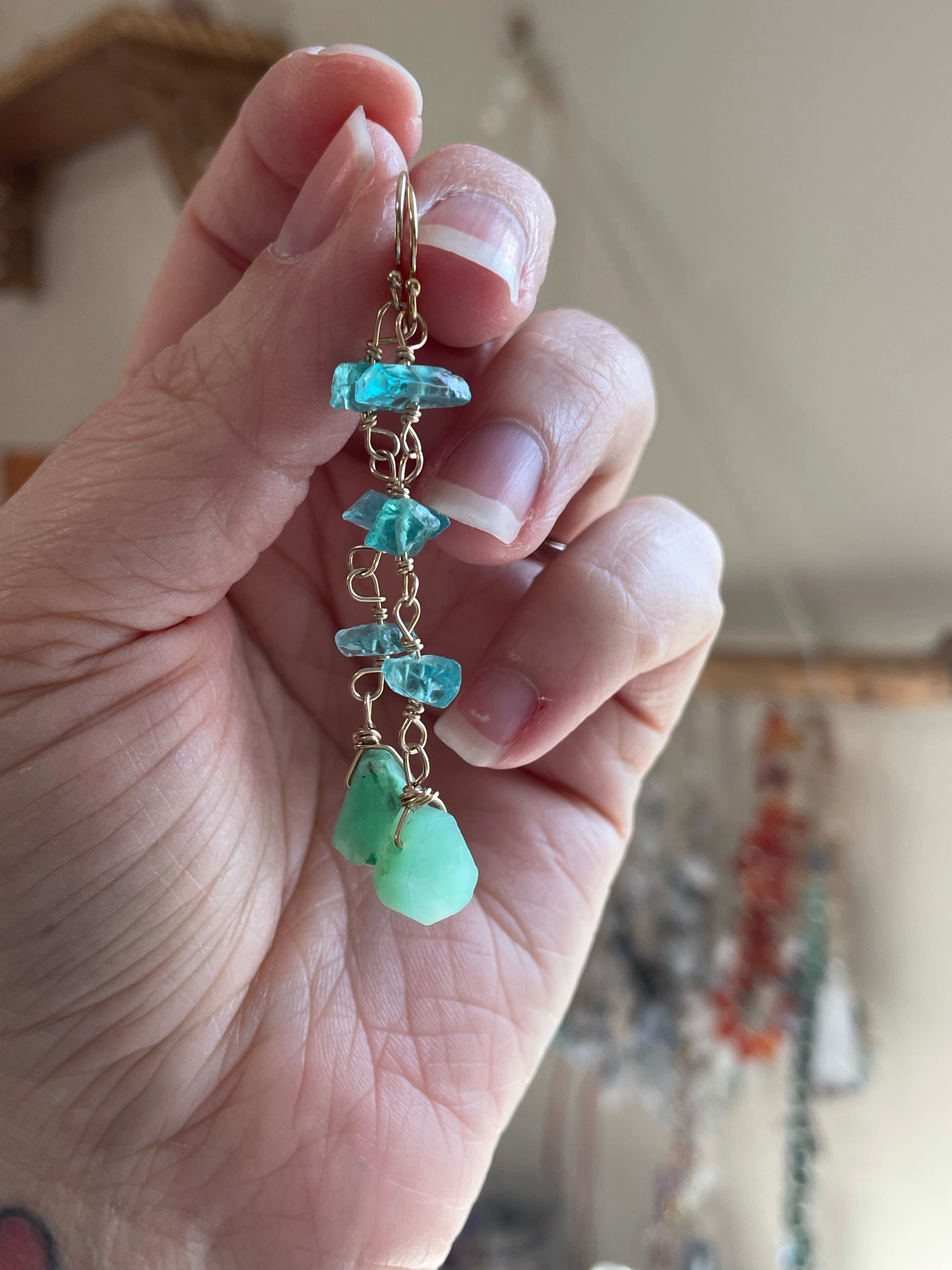 Natural Raw Crystal Earrings - Apatite & Chrysoprase Gold Filled Dangle Earrings for Women | Boho Chic Jewelry, Gift for Her, Wedding, Party & Everyday Wear
