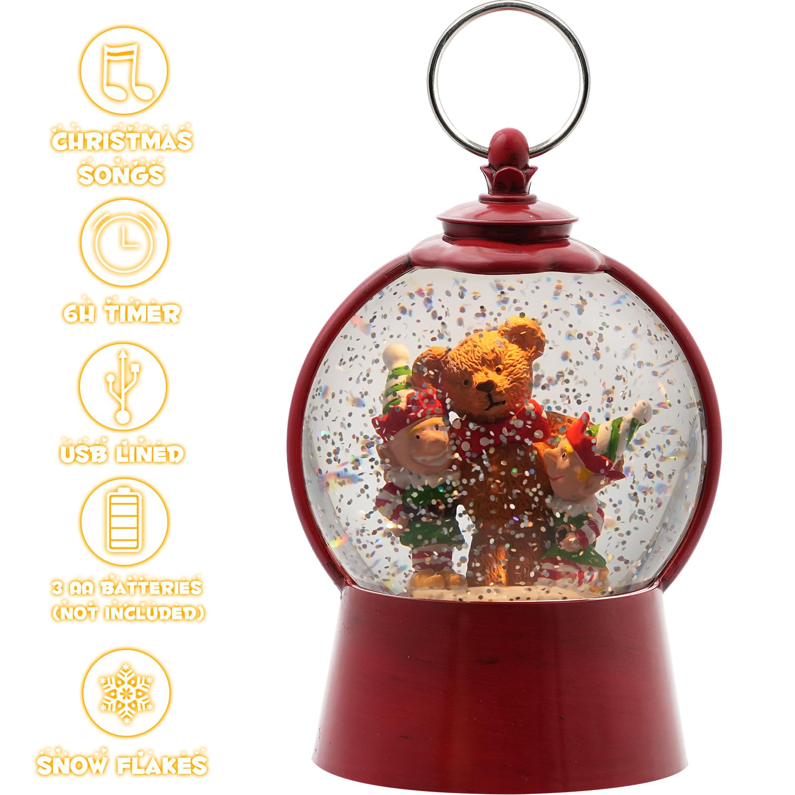 Christmas Snow Globe Lantern with Swirling Glitter - USB/Battery Powered Musical Holiday Decor with 6-Hour Timer - Perfect for Home, Office, Party & Gift Giving - Features Festive Elf & Bear Design