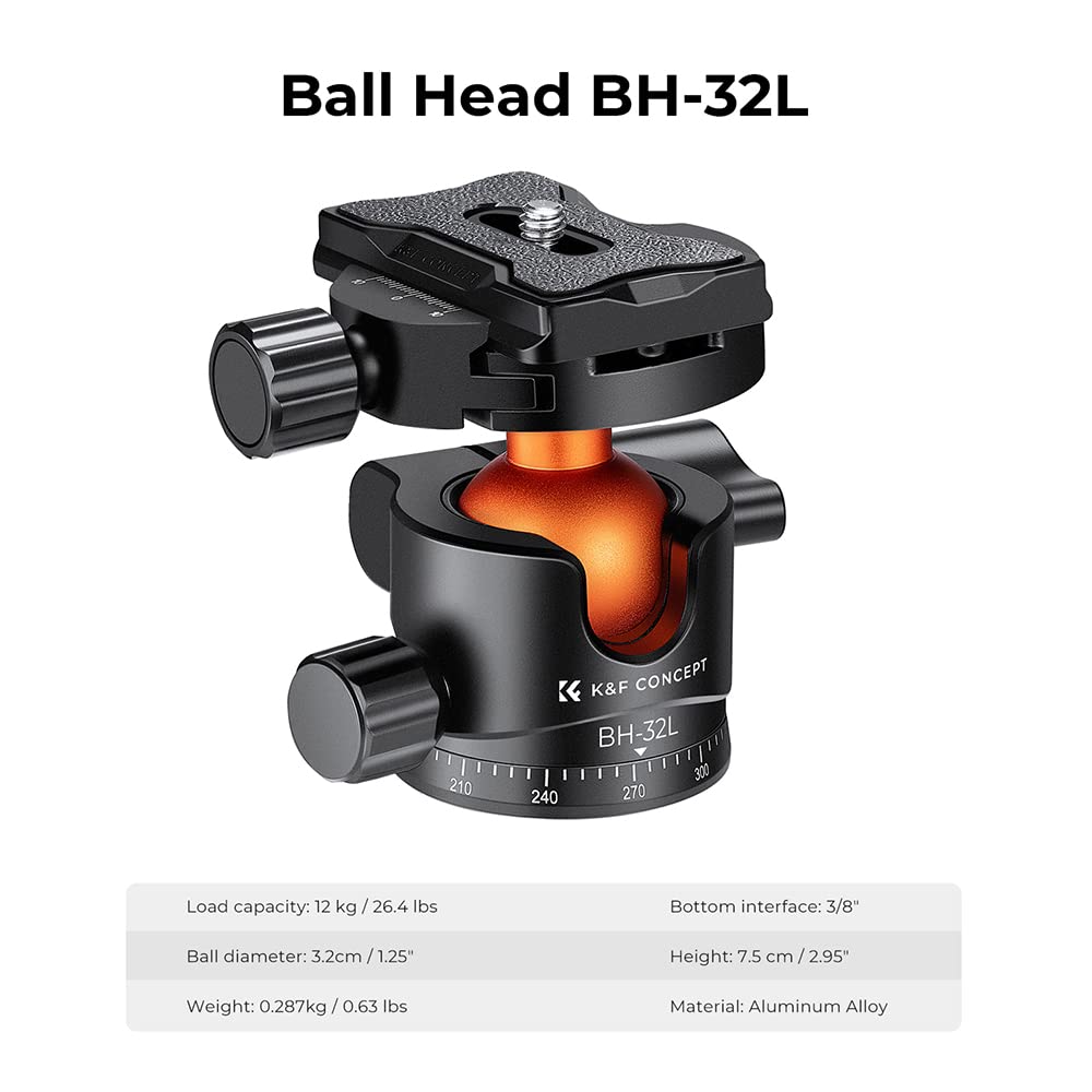 K&F Concept 32mm Metal Tripod Ball Head with 360° Panoramic Rotation - 1/4