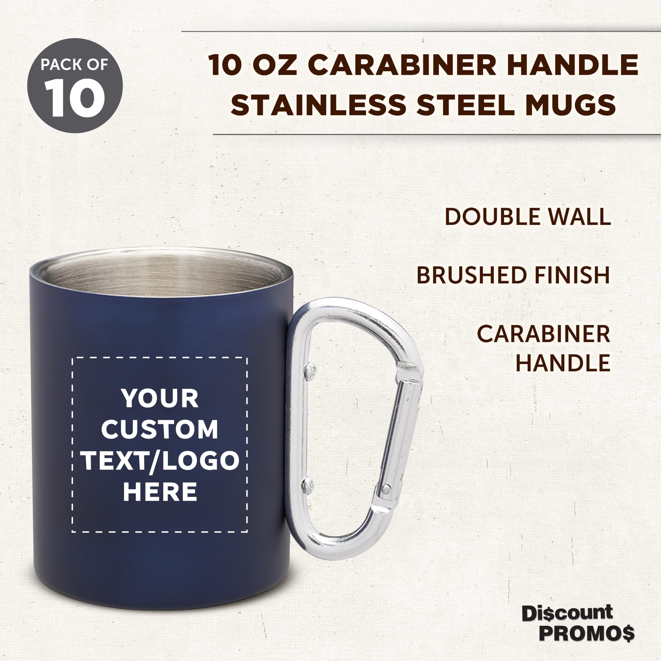 10-Pack Custom Stainless Steel Mugs with Carabiner Handle - 10oz Insulated Travel Coffee Cups for Hot & Cold Beverages - Personalized Bulk Pack Navy Blue - Perfect for Camping, Office, Gifts & Outdoor Activities