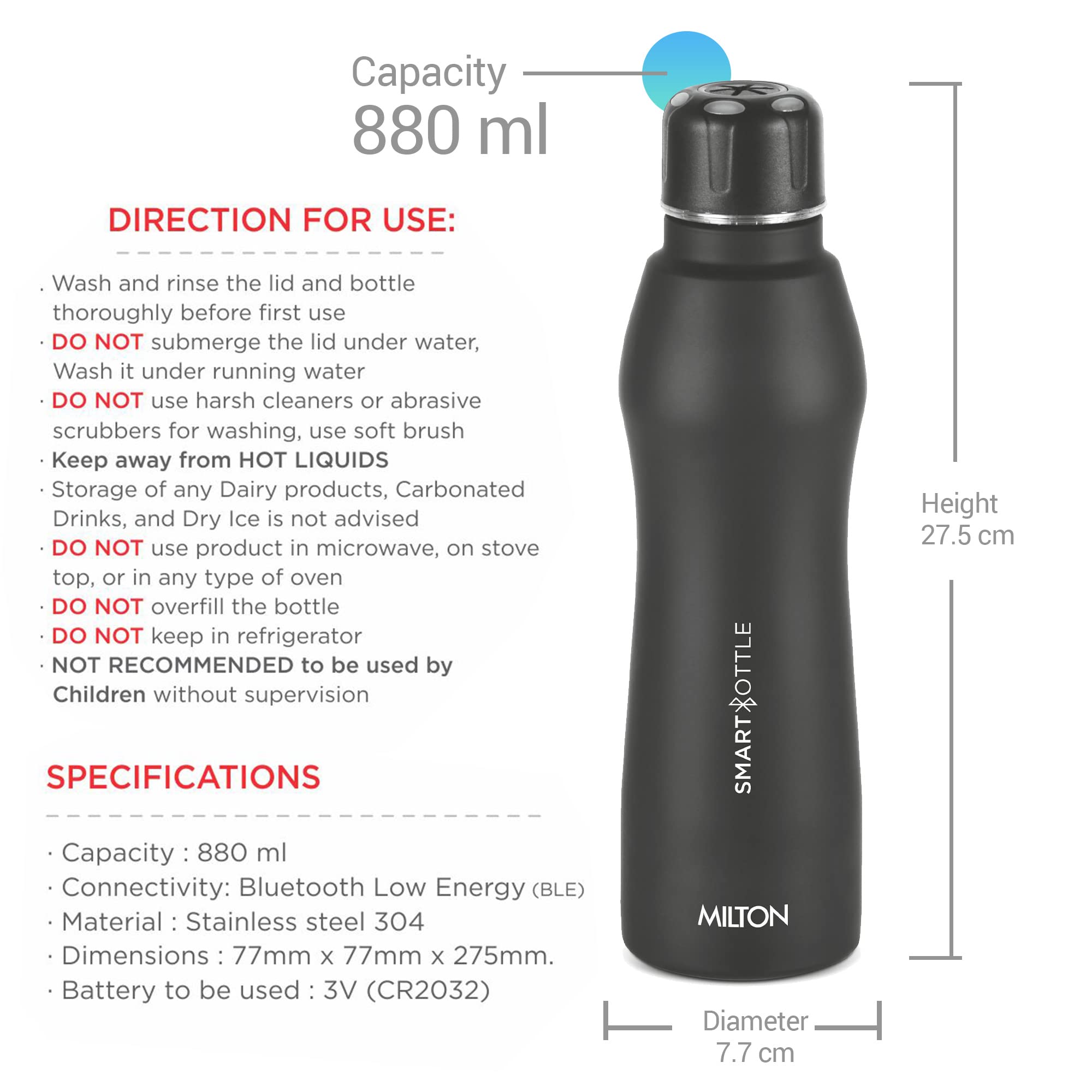 MILTON Euroline Smart Stainless Steel Water Bottle 880ml - Leak Proof, Bluetooth Enabled with Smart Lid - Perfect for Gym, Hiking & Office Use - Black