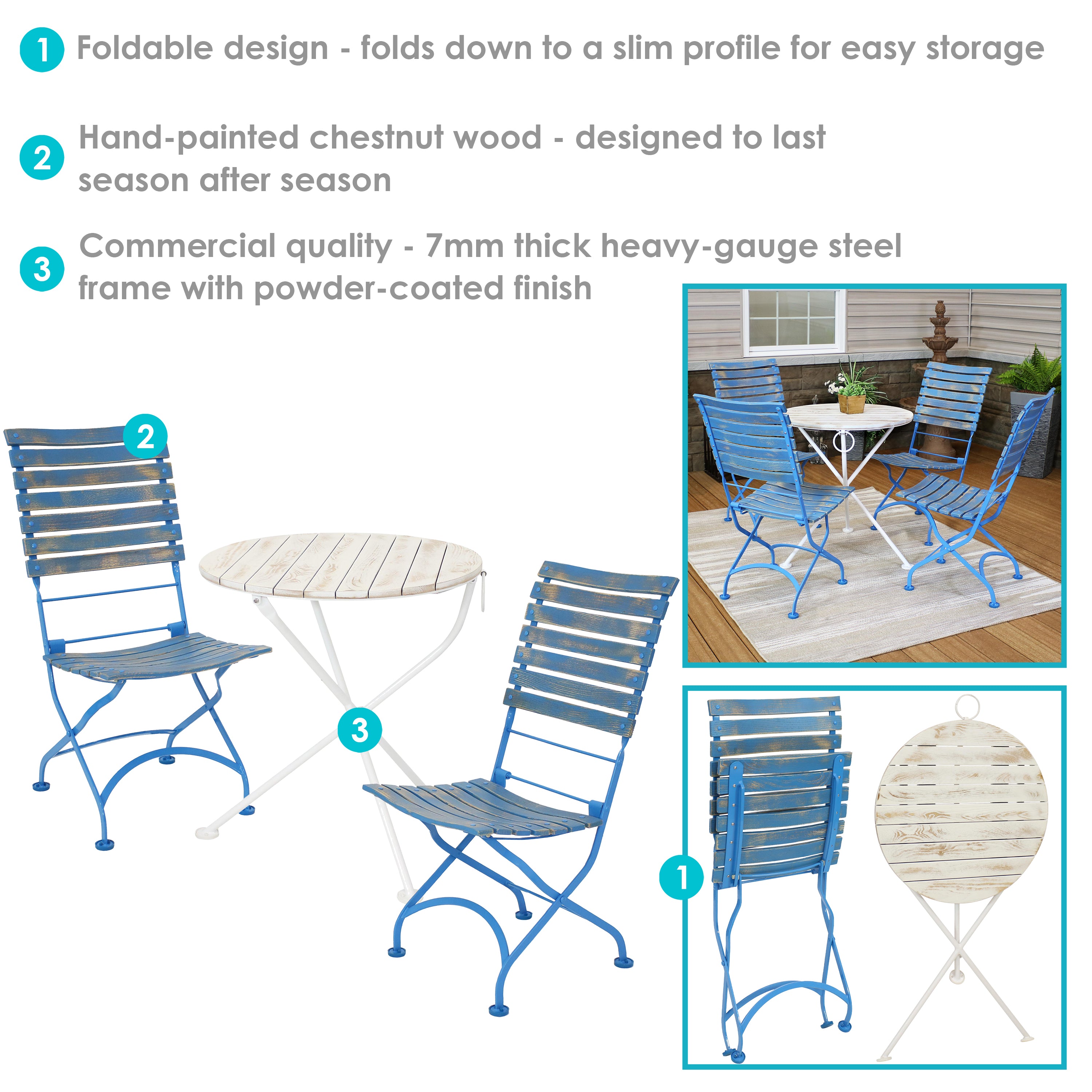 Sunnydaze Cafe Color 5-Piece Wooden Folding Bistro Table and Chairs Set - Blue | Outdoor Patio Dining Furniture for Garden, Backyard, and Poolside Relaxation