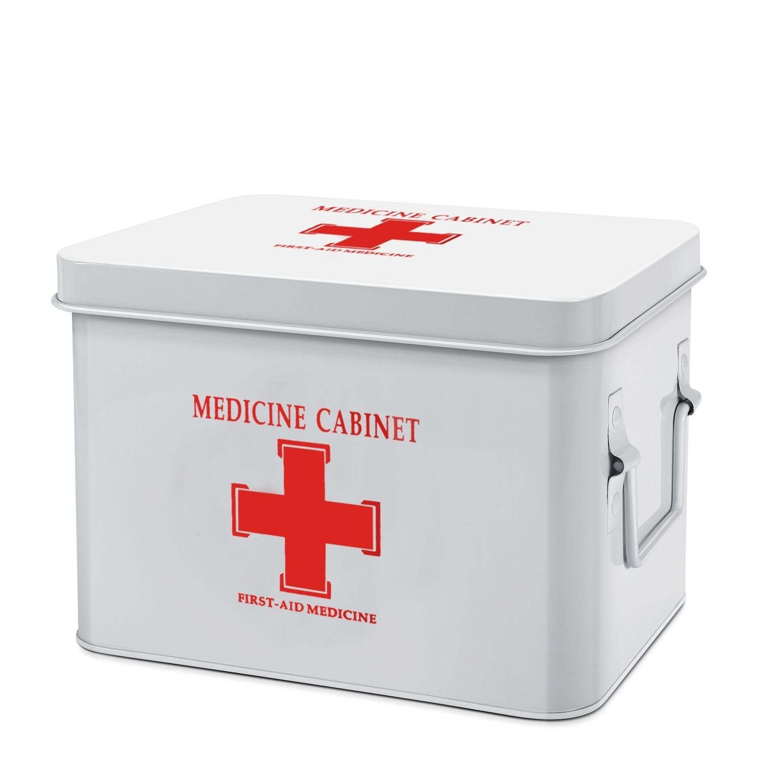 Vintage White 8.5 Inch Metal First Aid Kit Box with Dividers & Removable Tray - Empty Medical Storage Organizer Container with Cross Logo - Perfect for Home, Office, Camping, and Emergency Preparedness