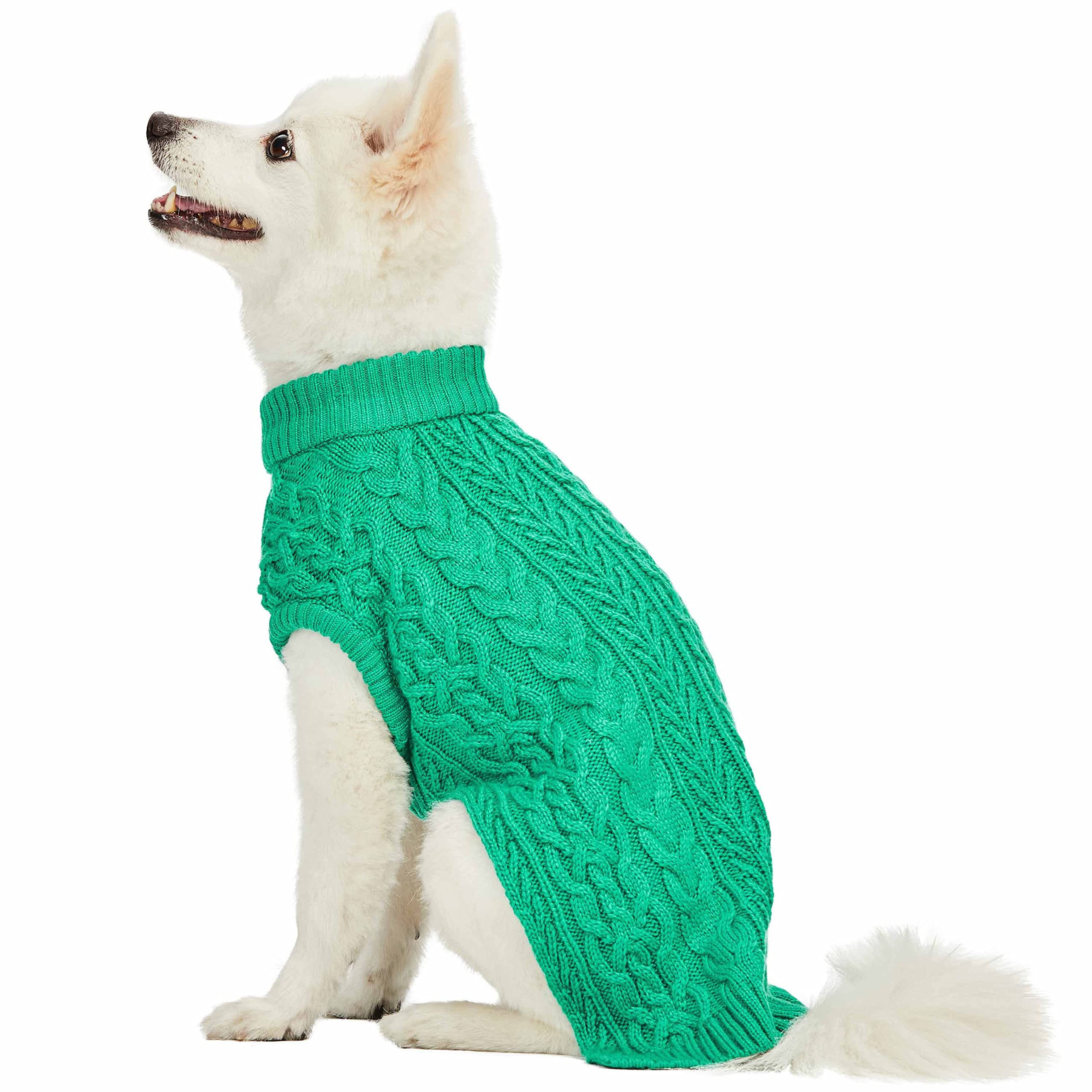 Blueberry Pet Classic Wool Blend Cable Knit Dog Sweater - Emerald Green, 14