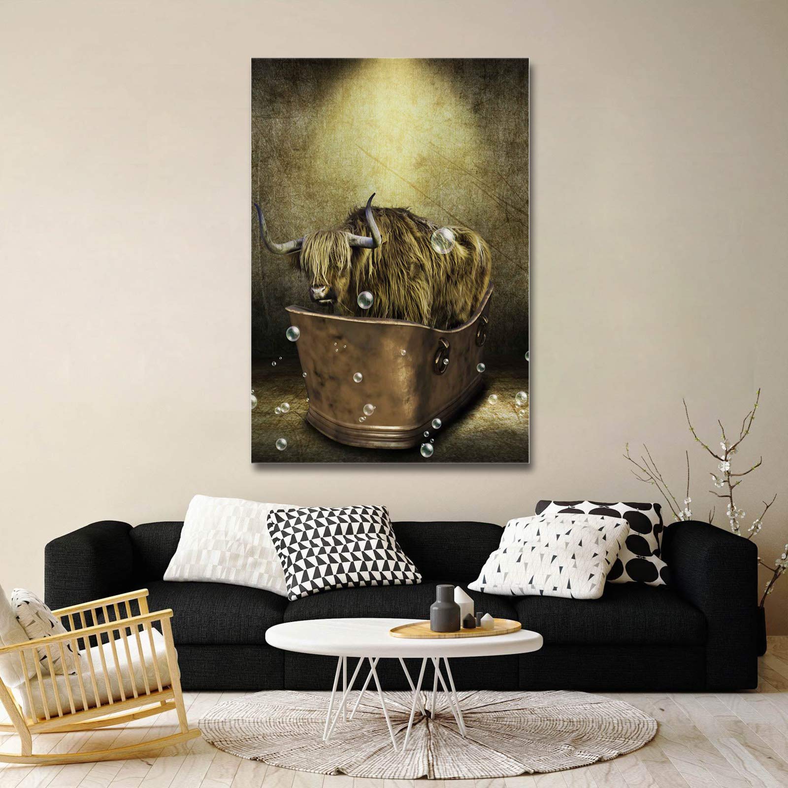 Highland Cow in Retro Bathtub Canvas Wall Art - 36x24 Inch Farmhouse Animal Print for Living Room & Bedroom Decor - Perfect for Rustic, Boho & Country Style Homes