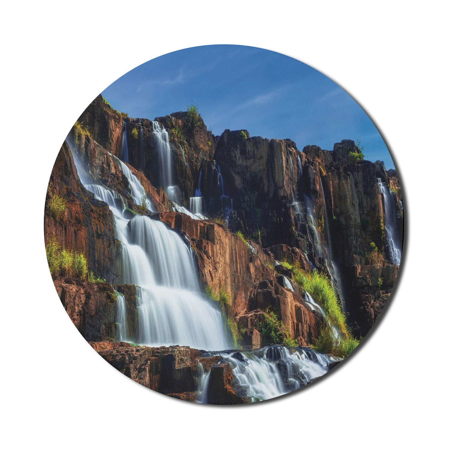 Ambesonne Round Non-Slip Rubber Gaming Mouse Pad - 8 Inch Rainforest Waterfall Landscape Design with Pongour Falls & Mountain Rocks Print - Perfect for Office, Computer, Laptop & Gaming Setup (White & Blue)