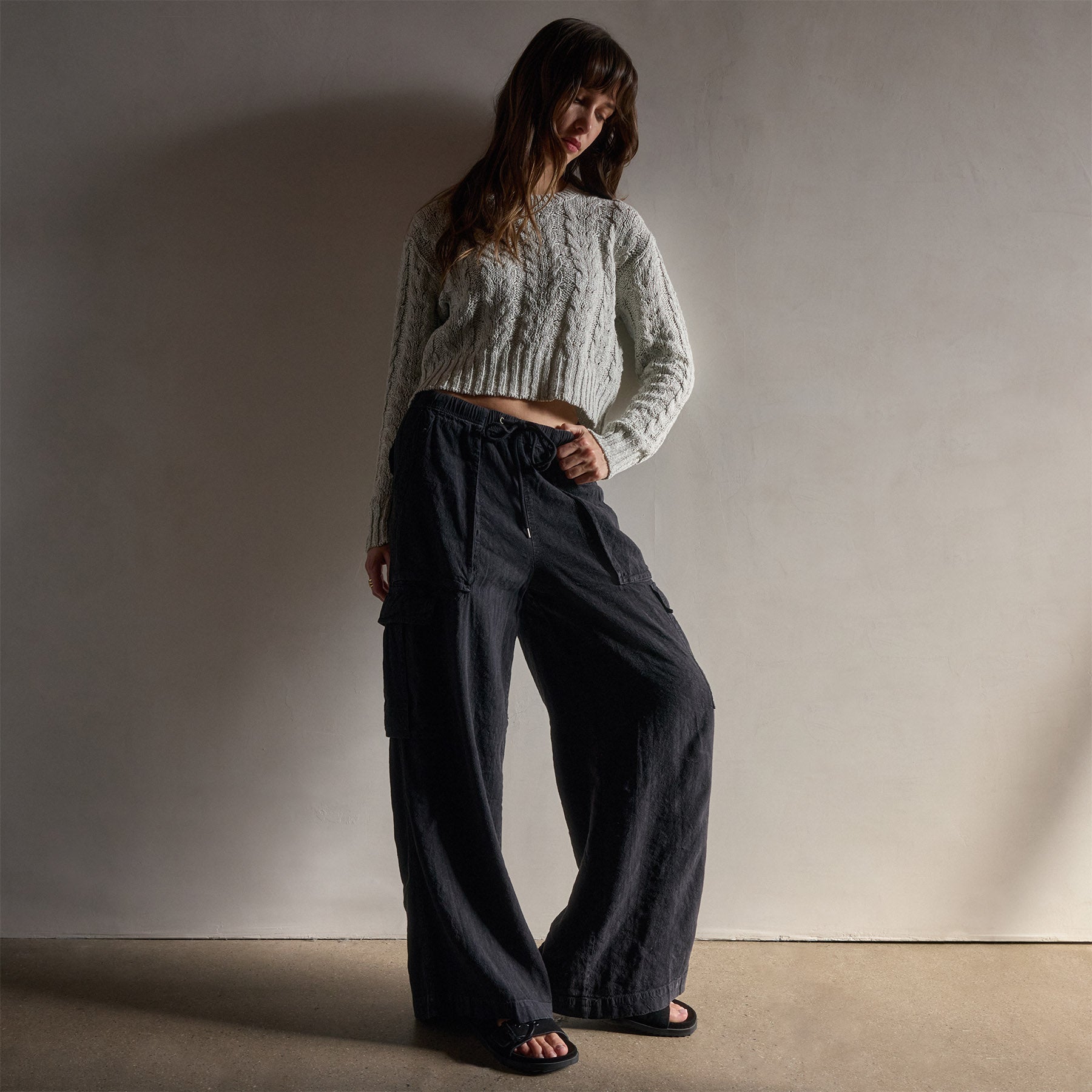 Wide Leg Linen Blend Cargo Pants for Women - Black | Comfortable & Stylish Casual Trousers for Summer, Travel & Outdoor Activities