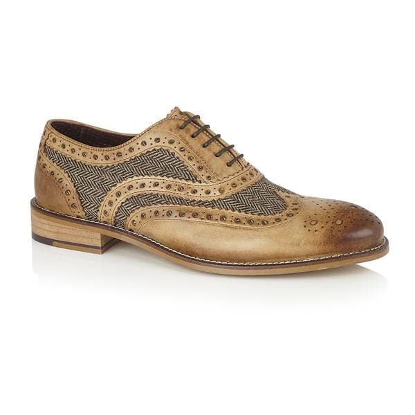 London Brogue Gatsby Leather Brogue Tan/Tweed Men's Dress Shoes - Classic Vintage Style for Formal Events & Business Occasions
