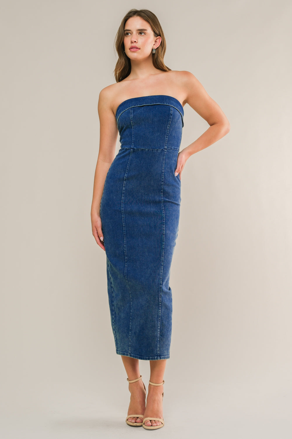 Blue Crush Strapless Bodycon Denim Midi Dress for Women - Perfect for Night Out, Party & Summer Date