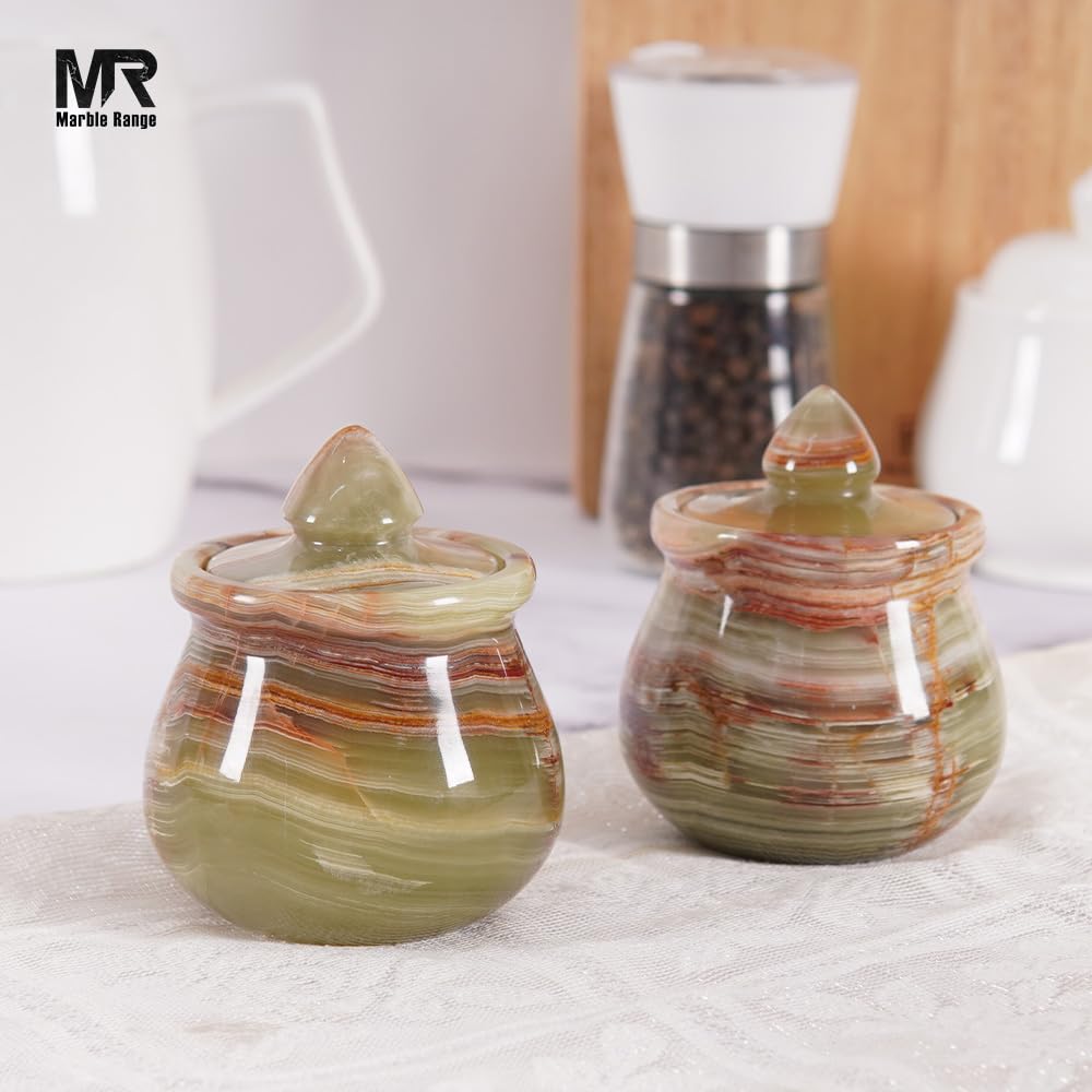 **Handmade Green Onyx Marble Salt Cellar Set of 2 with Lid – 3.5 Inch Salt & Pepper Holder, Countertop Spice Container – Perfect for Kitchen, Dining Table & Gift Giving**