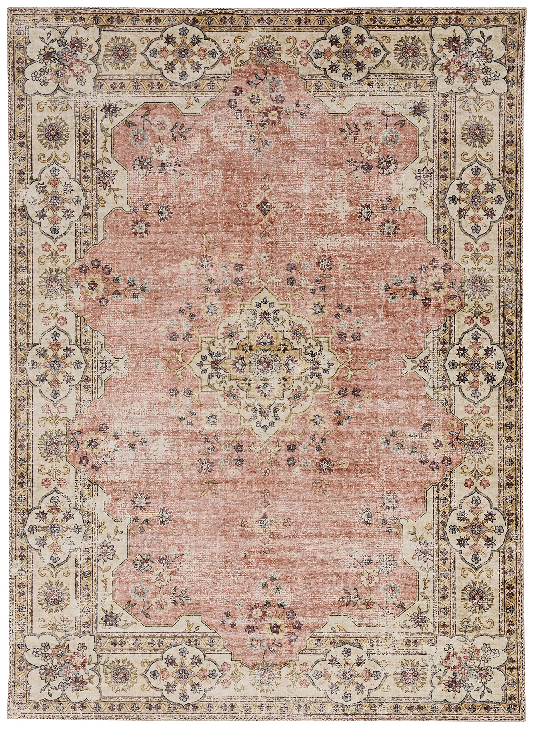 Linon The Anywhere Washable Rug - Colton Pink/Ivory 5' X 7' Area Rug - Soft Non-Slip Floor Mat for Living Room, Bedroom, Nursery & Dorm Decor