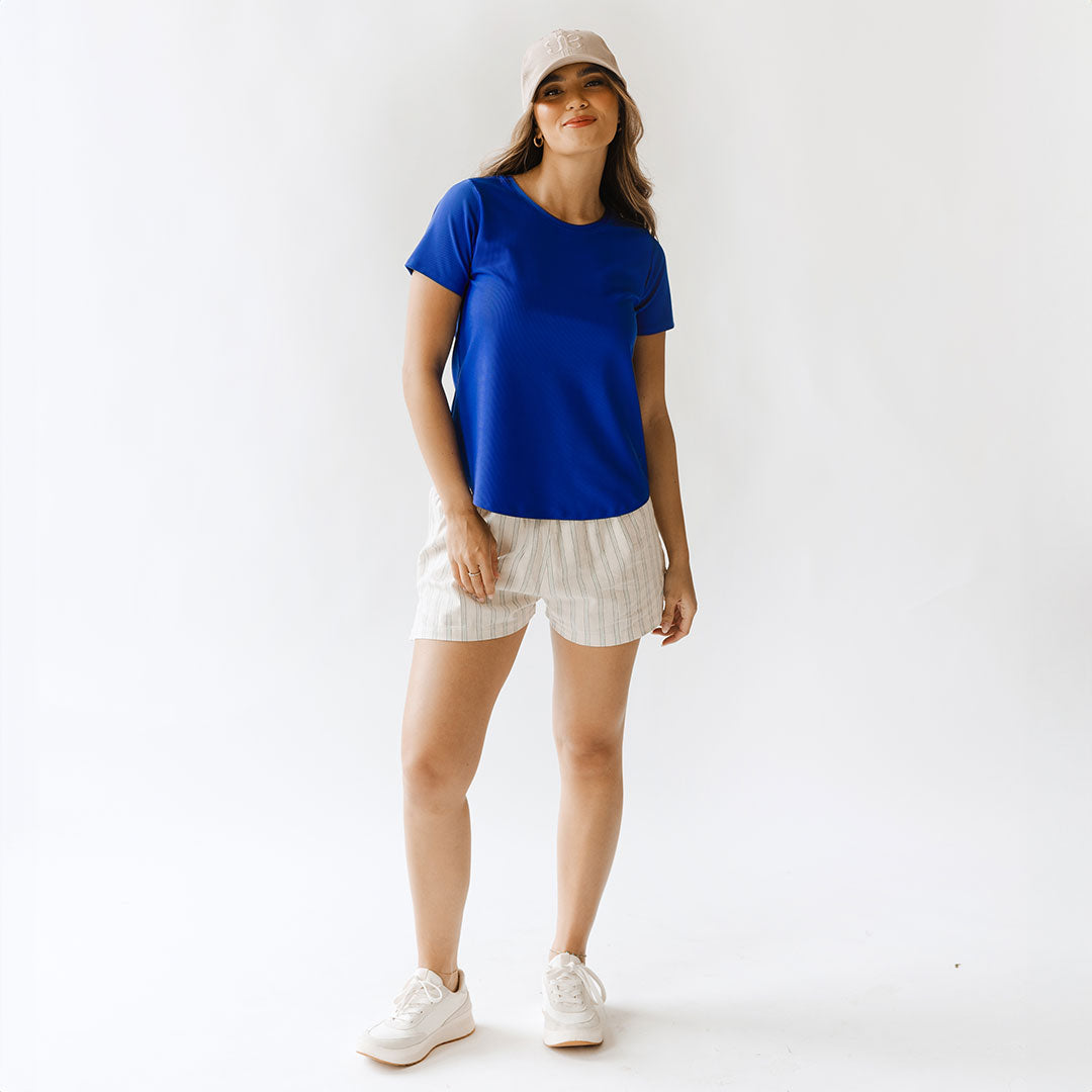 Premium Ribbed Basic Crew Neck T-Shirt for Women - Soft Cotton Casual Tee in Cobalt Blue | Perfect for Everyday Wear, Layering & Street Style Outfits