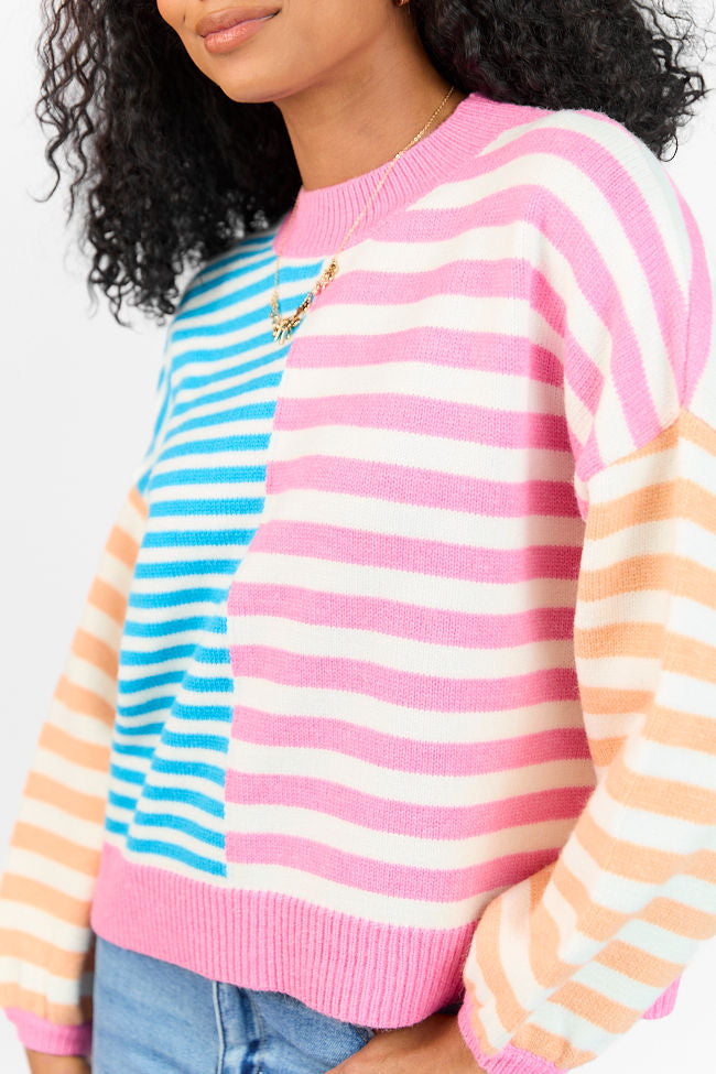 Stylish Blue Pink Orange Multi-Color Block Striped Sweater for Women | Trendy Casual Knit Pullover | Perfect for Fall Winter Outfits & Cozy Layering