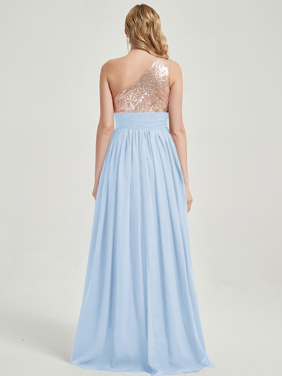 Cornflower Blue One Shoulder Sleeveless Chiffon Sequin Bridesmaid Dress - Elegant Formal Gown for Weddings, Prom, Evening Parties & Special Occasions