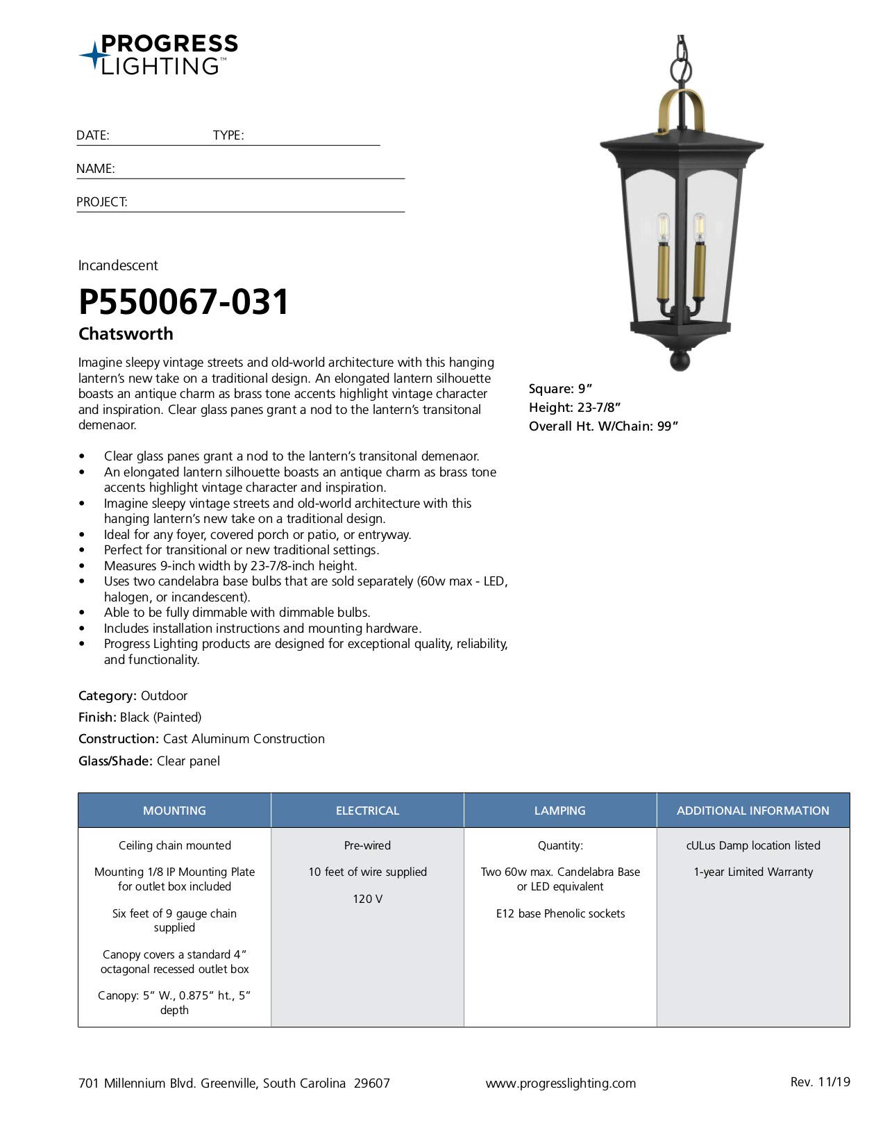 Progress Lighting Chatsworth 2-Light Outdoor Hanging Lantern - Clear Glass, Textured Black Finish - Traditional Style for Porch, Patio & Garden Decor