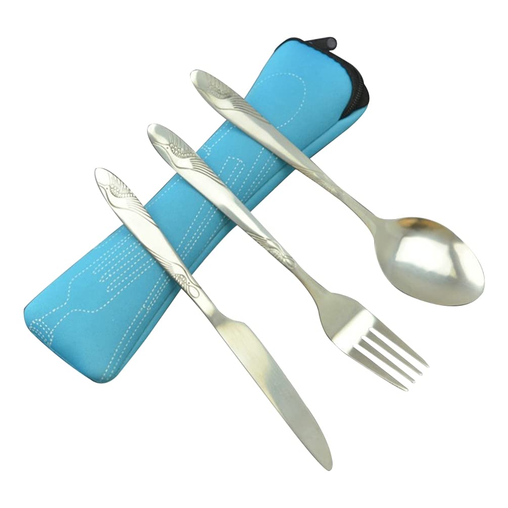 DOITOOL 3-Piece Travel Utensil Set - Stainless Steel Knife, Fork & Spoon with Neoprene Pouch | Reusable Camping, Picnic & Office Cutlery | Compact Dinnerware for Women & Men (Blue)