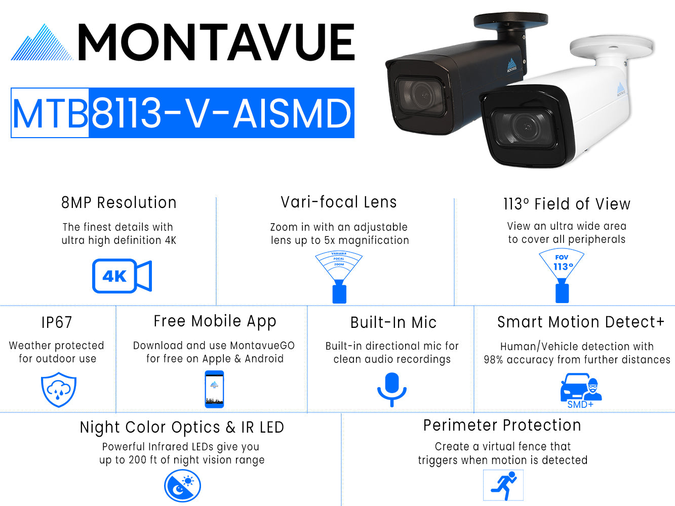 8MP 4K Varifocal Bullet Security Camera with Smart Motion Detection - Outdoor/Indoor Surveillance for Home & Business Security (Model MTB8113 V AISMD)