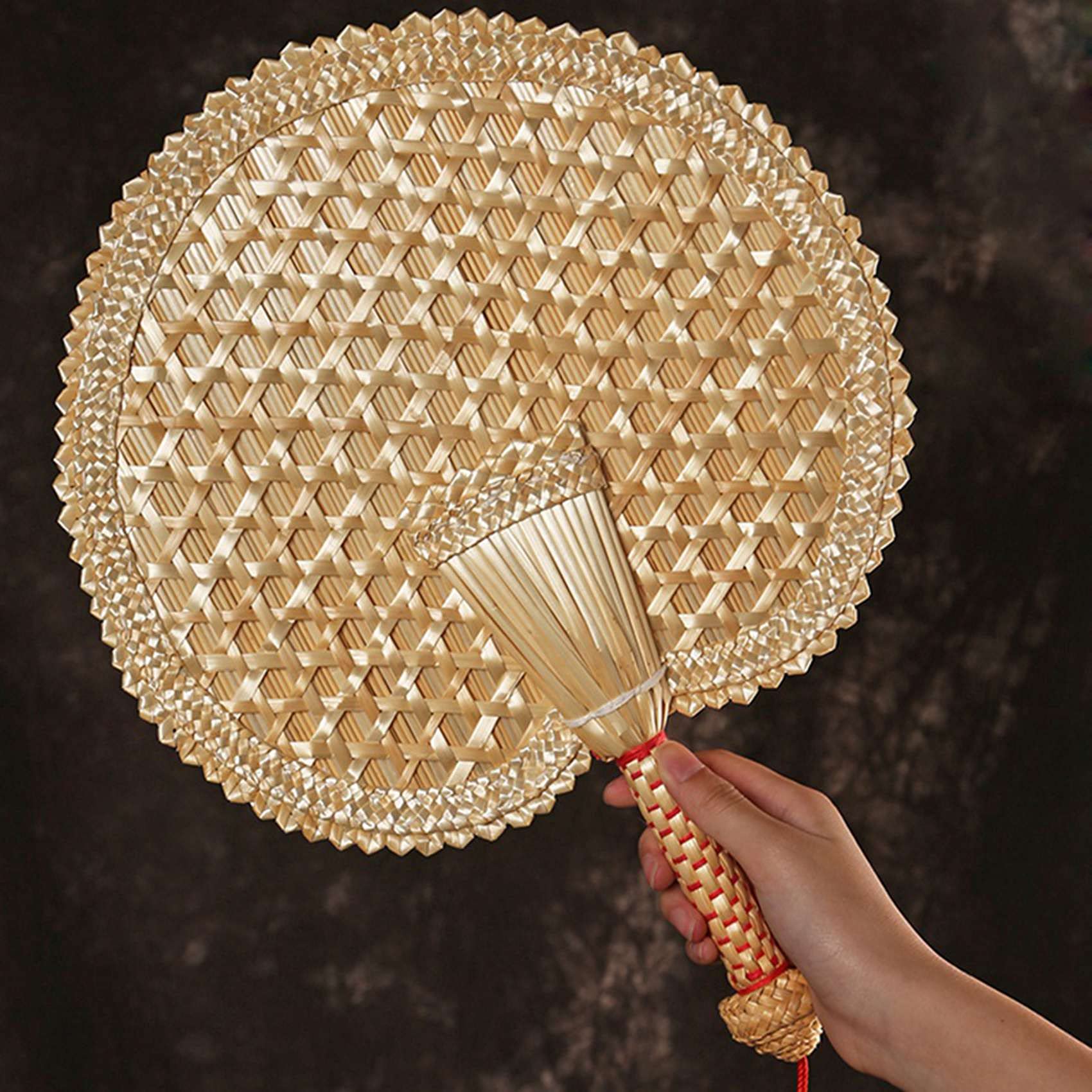 3X Hand-Woven Natural Straw Hand Fan - Eco-Friendly Round Woven Fan for Summer Cooling, Beach, Wedding, and Outdoor Use