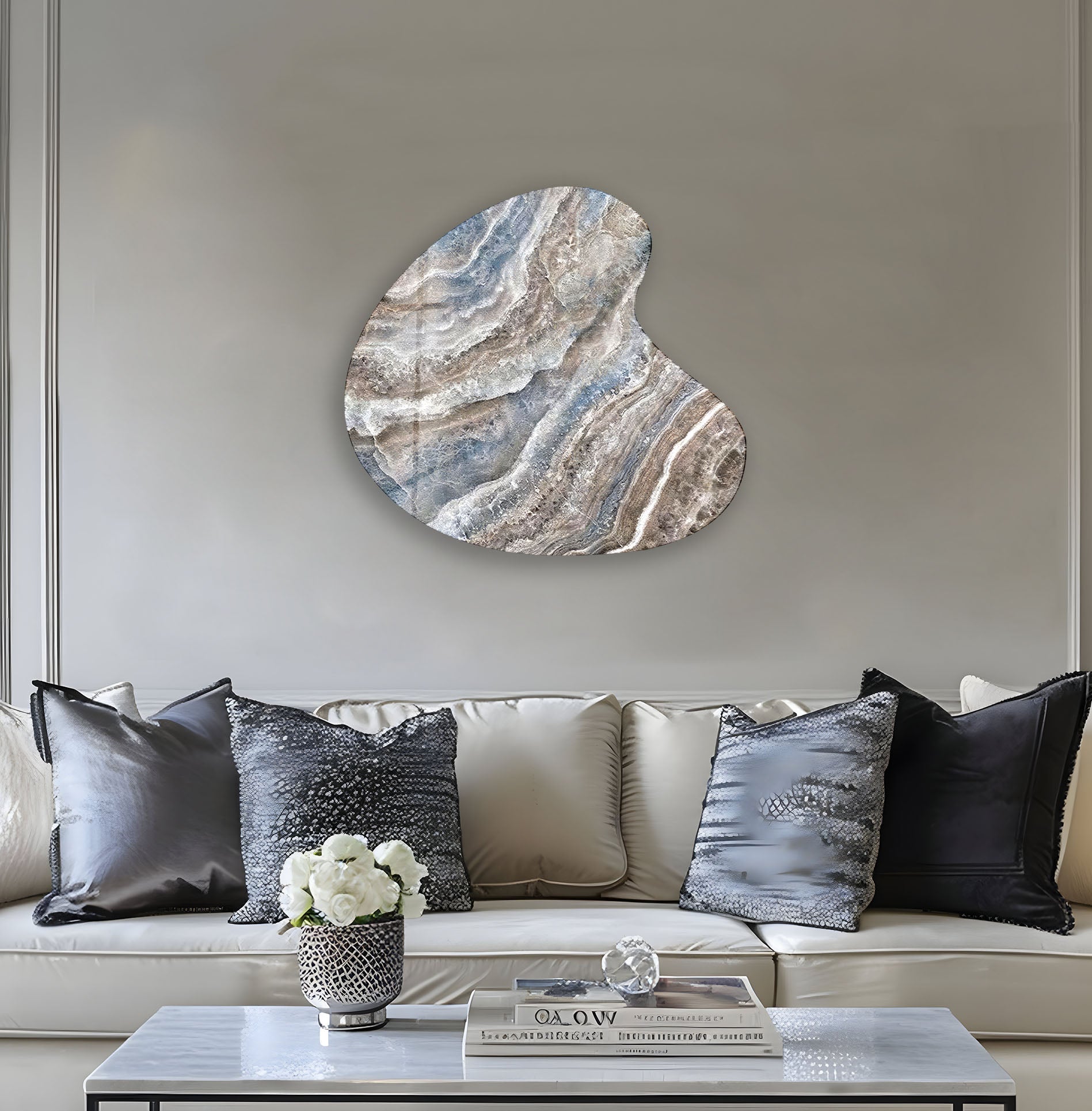 Blue Marble Decorative Irregular Glass Wall Art - Modern Abstract Home Decor for Living Room, Bedroom & Office - Handmade Unique Glass Mosaic Art Piece