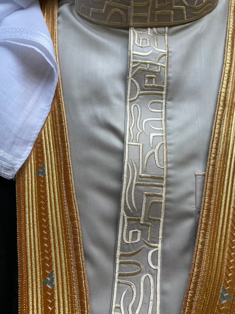 Premium Men's Light Grey Thobe with Gold Embroidery - 3 Piece Set for Eid, Wedding & Special Occasions