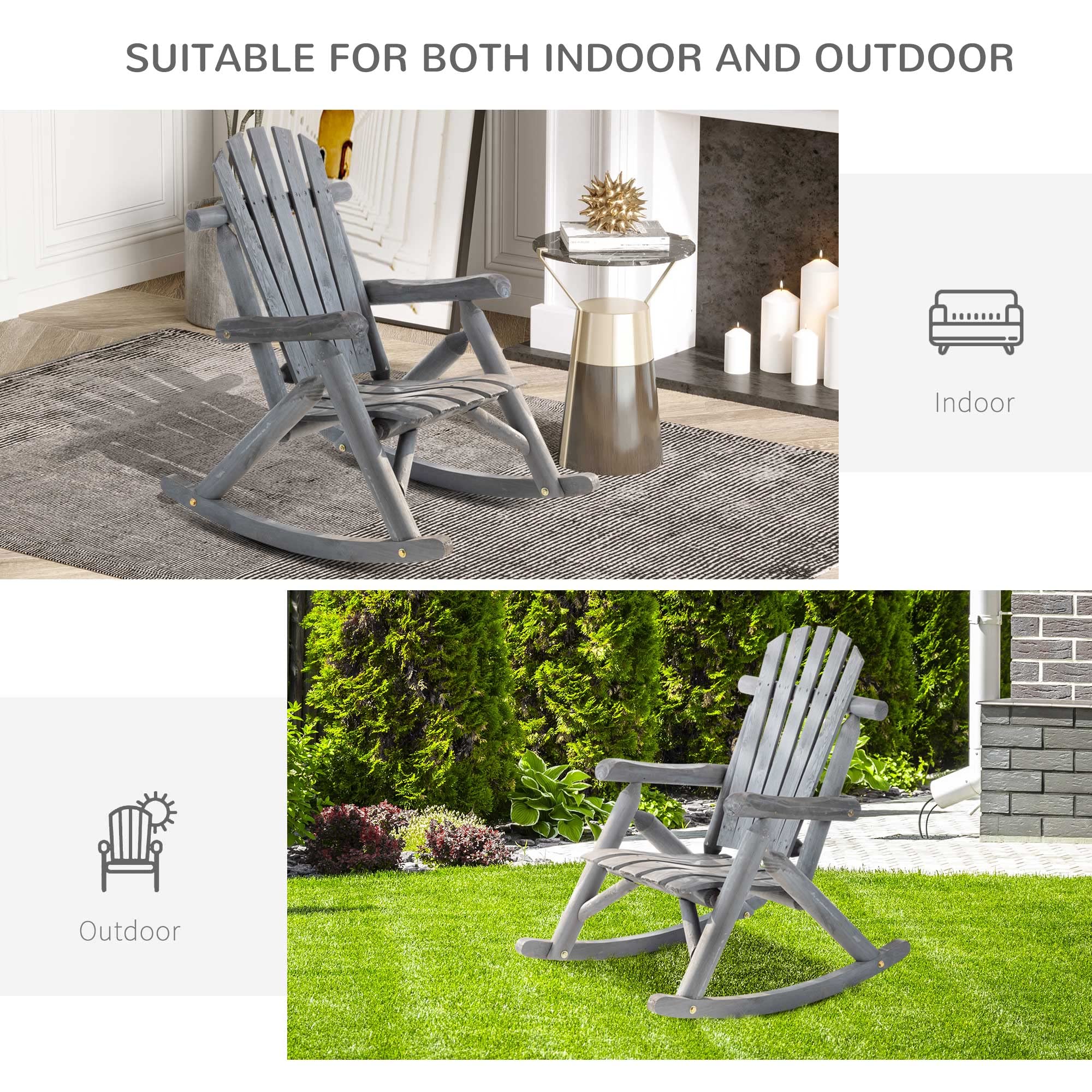 Outsunny Dark Gray Wooden Rocking Chair - Single-Person Adirondack Patio Rocker with Rustic High Back & Slatted Design for Backyard, Garden, Porch - Perfect for Relaxing Outdoors & Indoor Lounging
