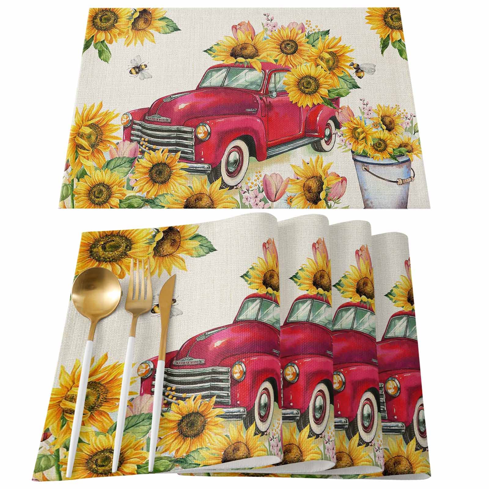 Sunflower & Red Truck Placemats Set of 4 - 13x19 Inch Cotton Linen Table Mats for Dining - Spring Summer Decor, Festival, Party & Family Dinner - Perfect for Farmhouse, Rustic & Country Style Kitchens
