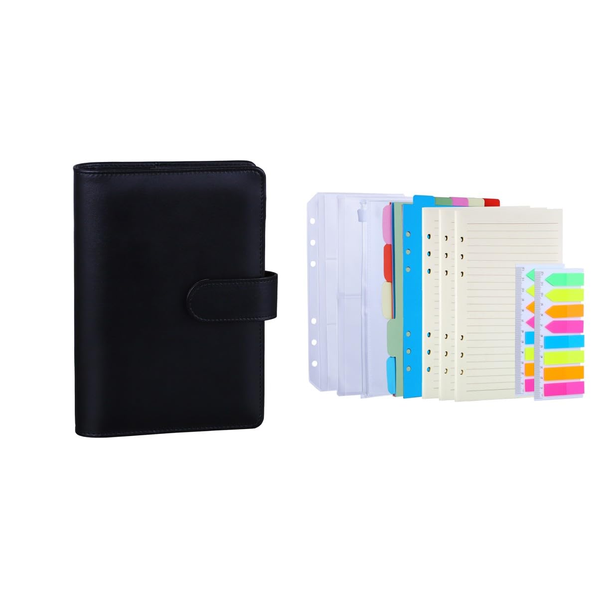 Antner A6 PU Leather Notebook Binder (Black) - 3 Pack Refill Paper, 2 Pack 160 Neon Page Markers, 10 Binder Dividers & 3 Pockets | Perfect for School, Office & Planner Organization