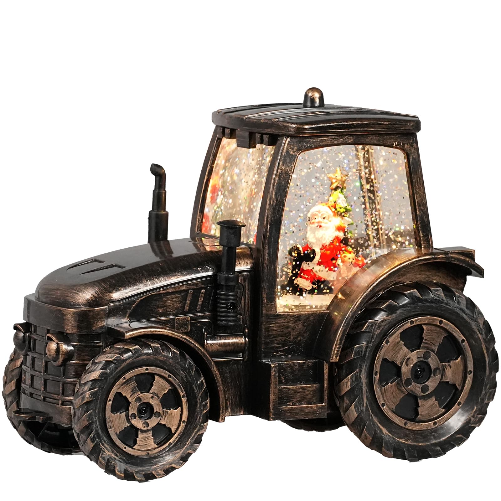 Bronze Tractor Snow Globe with LED Lights - Santa Christmas Snow Globe Lantern with 6-Hour Timer, Battery & USB Powered - Perfect Indoor Christmas Decor & Gift for Dad, Grandfather | Holiday Home Decor, Mantelpiece Display, Cozy Winter Nightlight