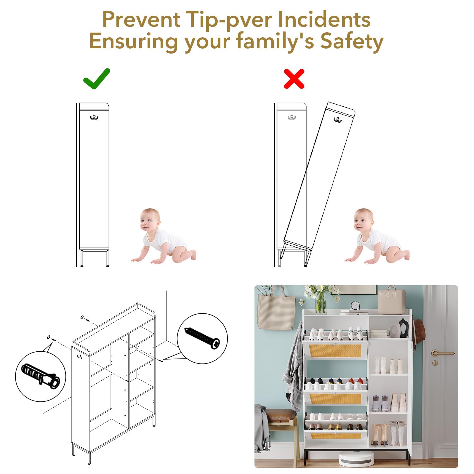 GAOMON 3-Tier Flip Drawer Shoe Storage Cabinet - Freestanding Rattan Organizer with Adjustable Shelves & Metal Knob for Entryway, Hallway, Bedroom - Narrow Shoe Rack for Small Spaces (White, Easy Assembly) - Perfect for Organizing Shoes, Hats & Accessories in Compact Areas