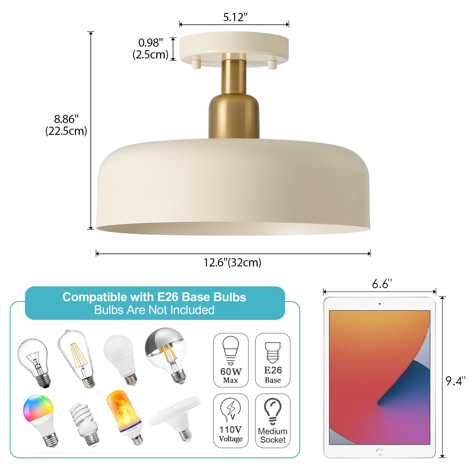 Modern Milk White Semi Flush Mount Ceiling Light Fixture with Brass Accent - 12.6