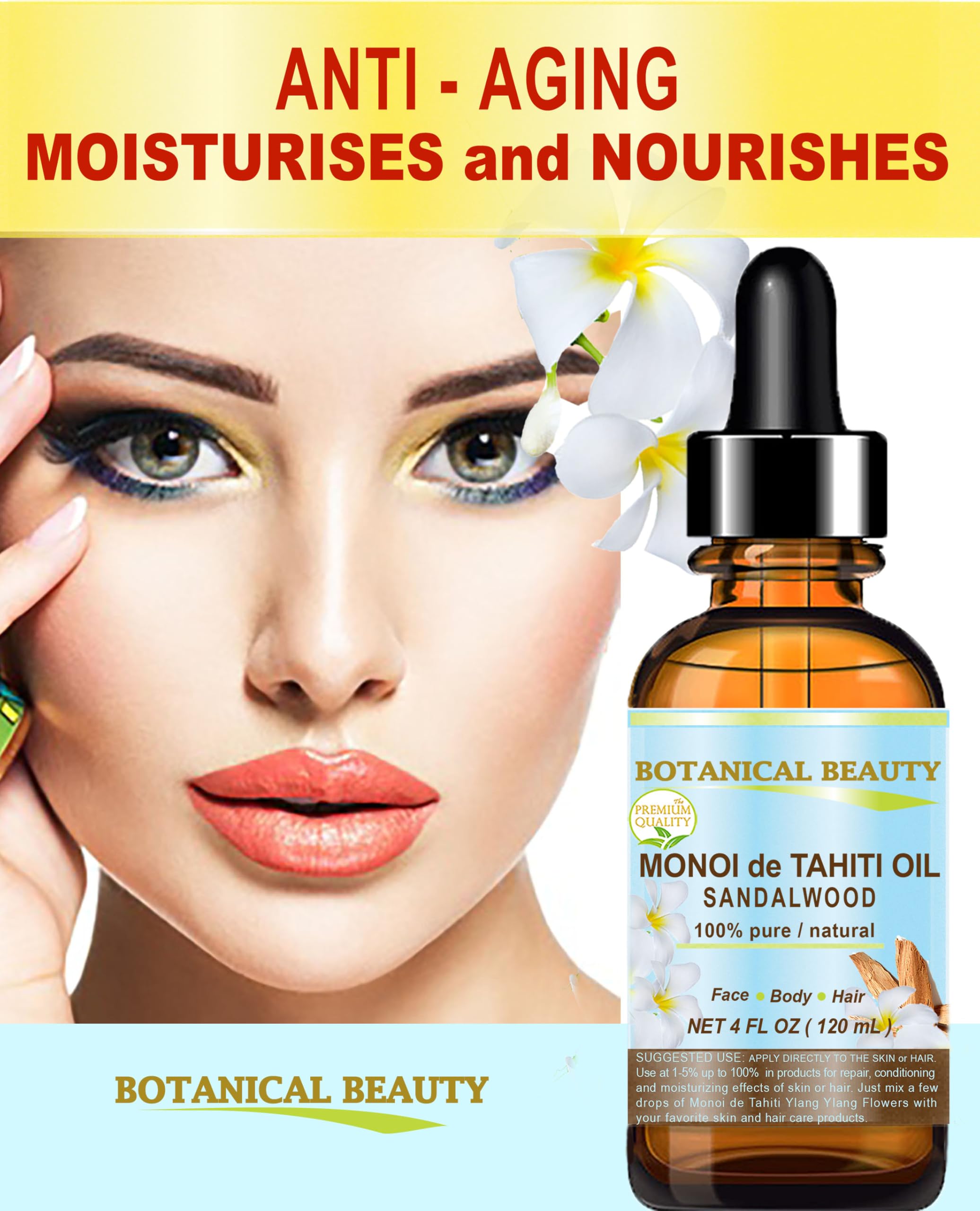 100% Pure Botanical Beauty MONOI de TAHITI Sandalwood Oil - 1 Fl.oz (30ml) for Skin, Face, Hair & Nail Care | Natural Moisturizer & Aromatherapy Oil for Massage, Spa & Relaxation