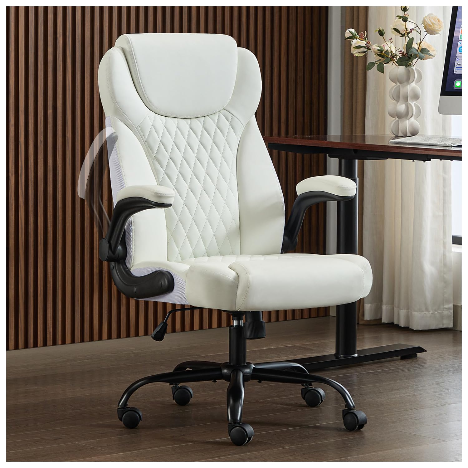 Premium Ergonomic Office Chair - Executive Leather Desk Chair with Adjustable Flip-Up Arms, Lumbar Support & Rocking Function - Ideal for Home Office, Gaming & Workspace (White)