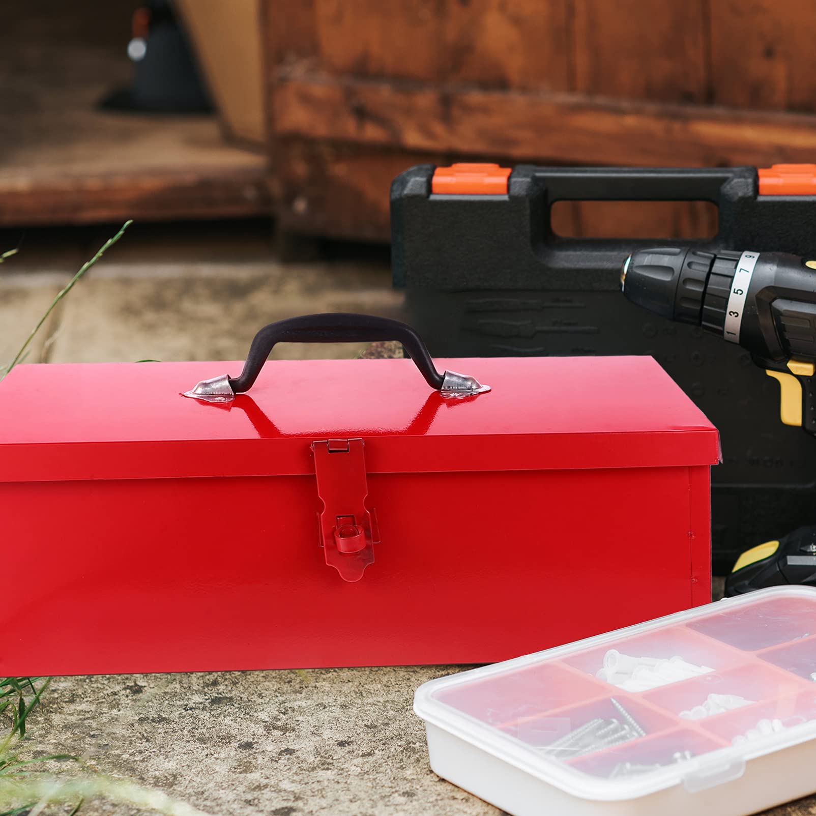 DOITOOL Small Metal Tool Box - Portable Steel Tool Organizer with Hip Roof Design & Metal Latch Closure (39 x 16 x 13cm, Red) - Perfect for Home Garage, Workshop, Construction Site & DIY Projects