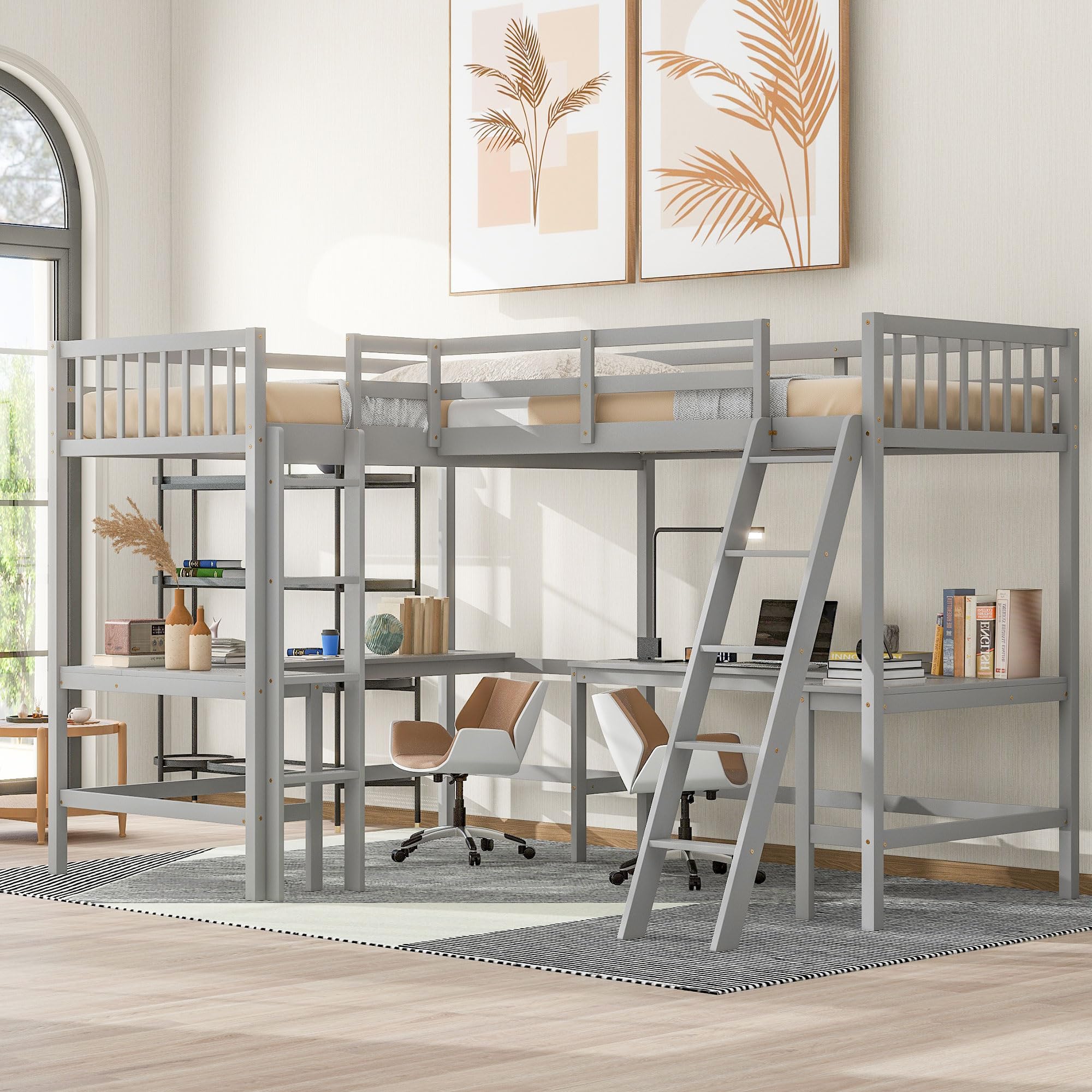 Merax Grey Wood Twin Size L-Shaped Loft Bed with Ladder & 2 Built-in Desks - Space Saving Study & Sleep Solution for Kids & Teens Small Bedrooms