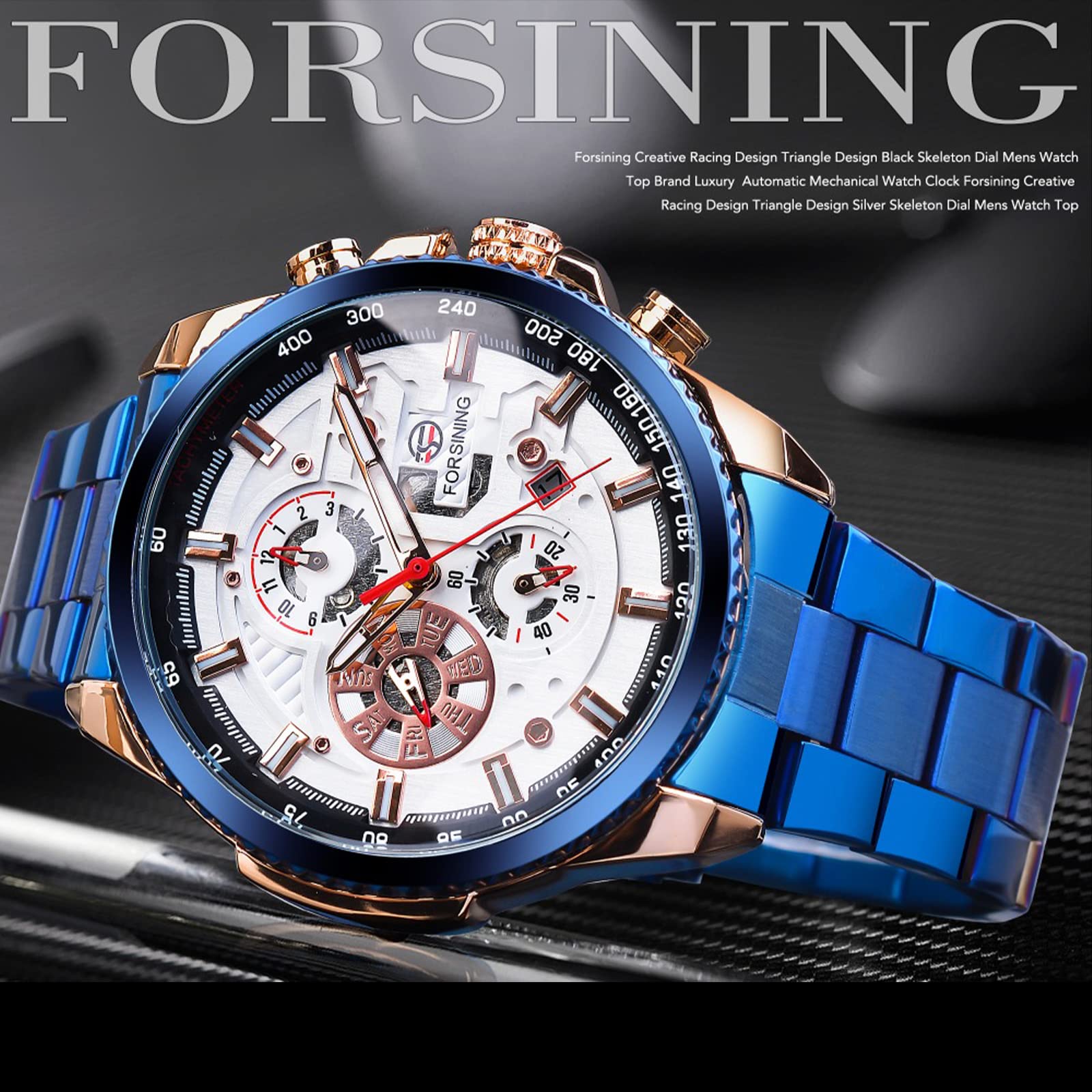 FORSINING Men's Automatic Self-Winding Luxury Stainless Steel Watch - Large Dial, Multifunction (Month/Day/Date, Stopwatch, Tachymeter) - Perfect for Business, Formal Events & Everyday Wear