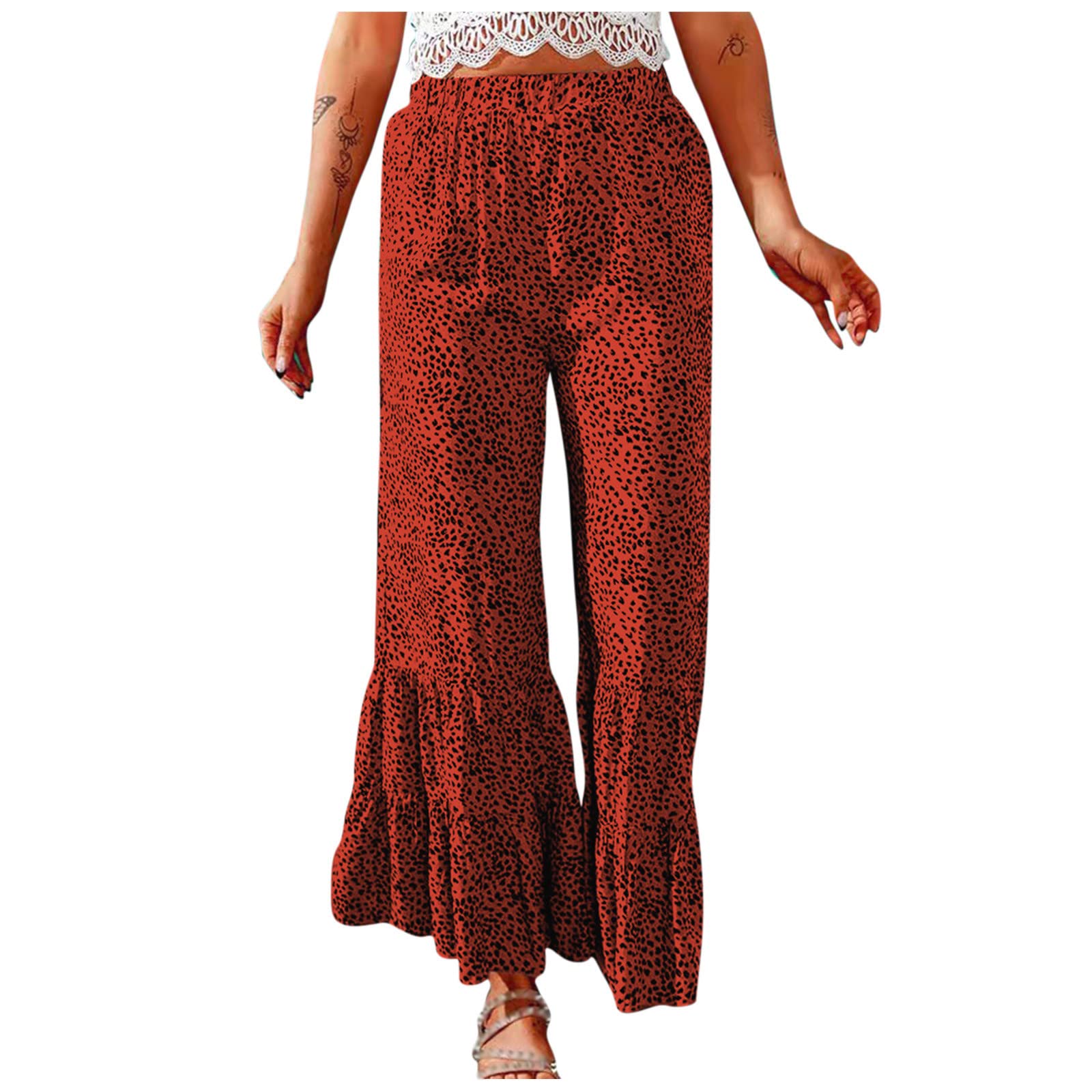 Boho Flare Pants for Women - Elastic Waist Leopard Print Wide Leg Palazzo Pants | Stretchy, Soft & Comfortable | Perfect for Casual Outfits, Beach Wear & Boho Fashion