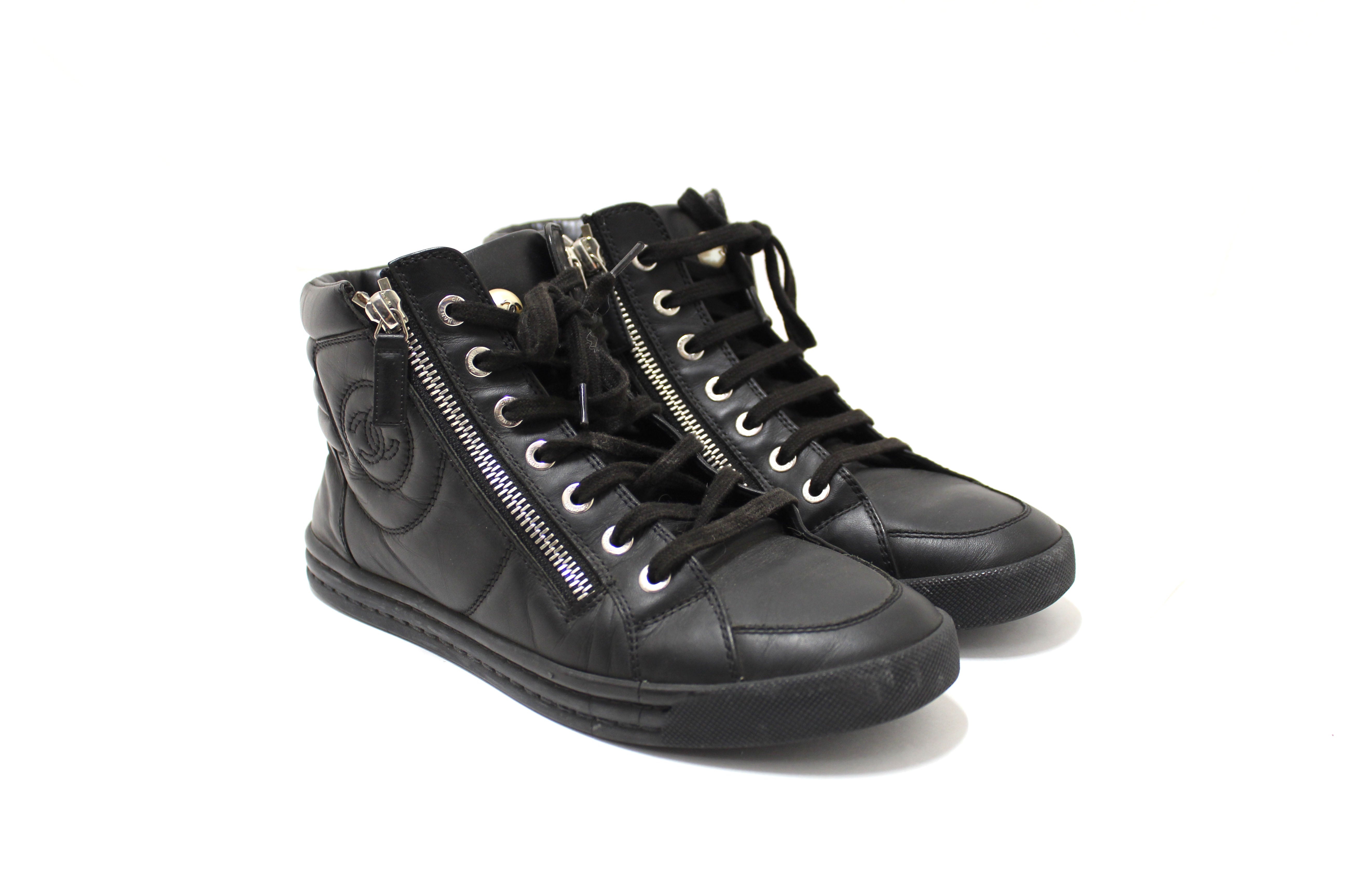 Authentic Chanel Black Leather CC Zip Link High Top Sneakers for Women - Size 37 (US 7) | Luxury Fashion Sneakers for Casual Wear, Street Style & Everyday Comfort