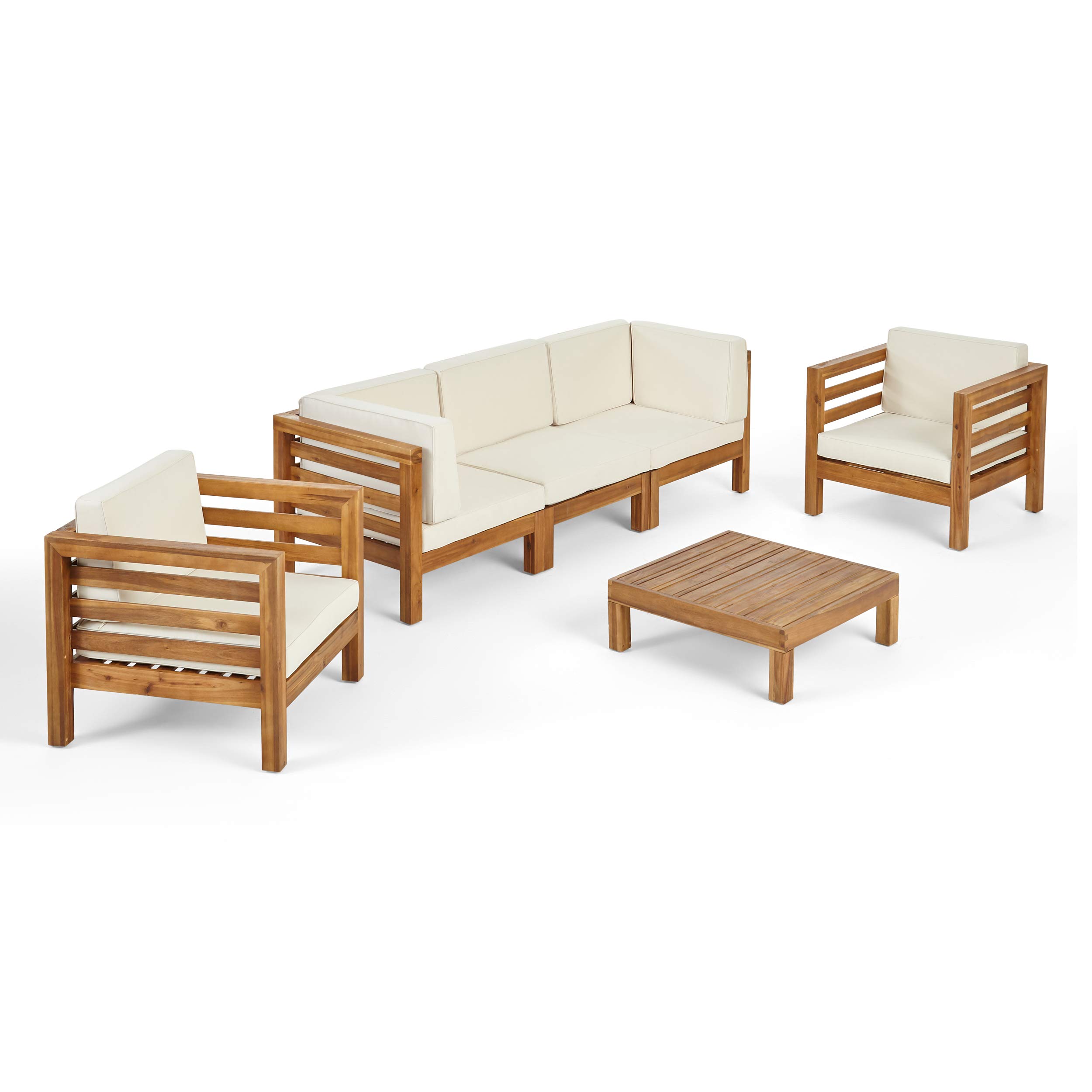 Premium 5-Piece Acacia Wood Outdoor Patio Sofa Set with Teak Finish & Beige Cushions - Perfect for Backyard, Garden, and Poolside Relaxation