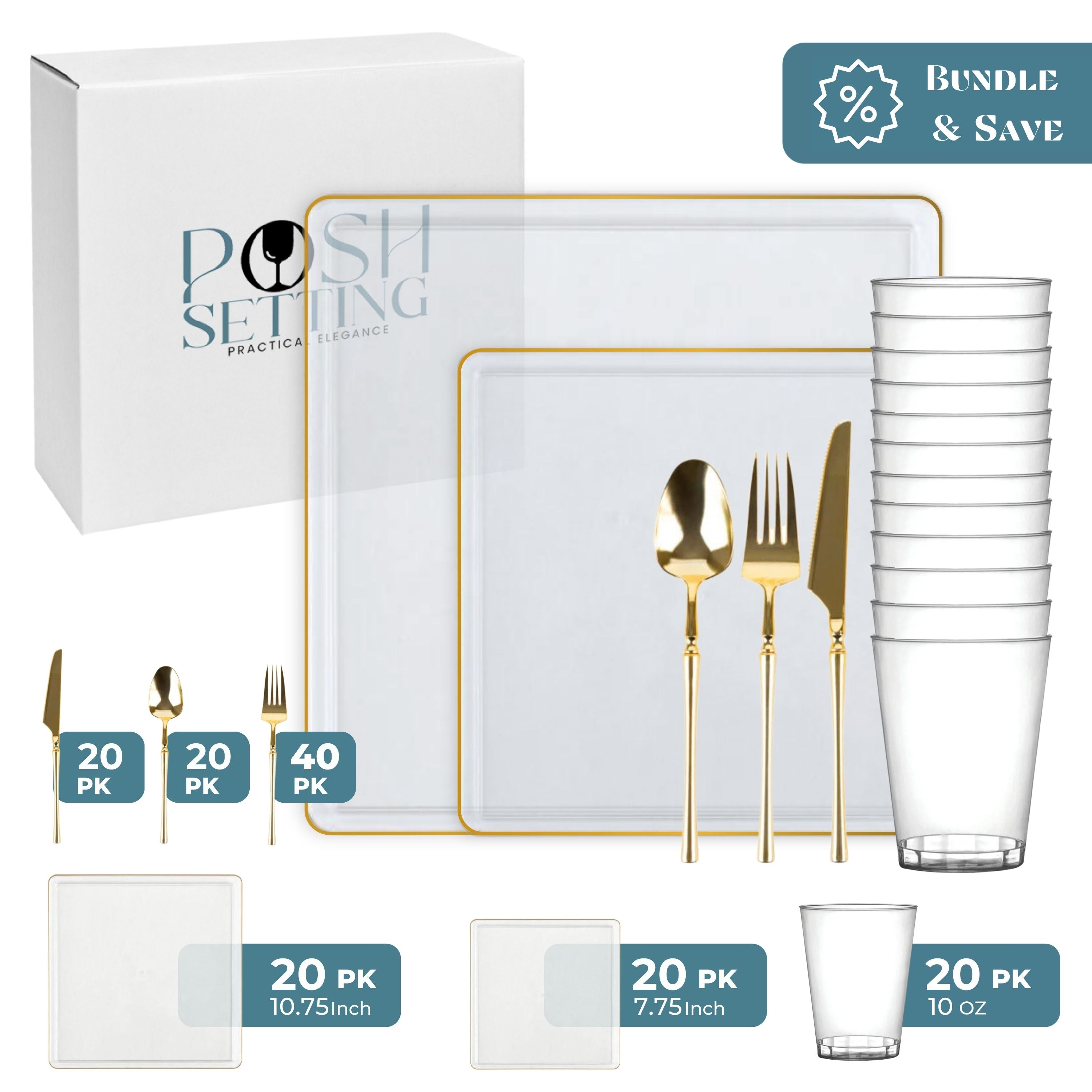 Clear and Gold Plastic Party Bundle - Square Edge Disposable Plates, Cups, and Cutlery Set for Birthday, Wedding, and Holiday Celebrations