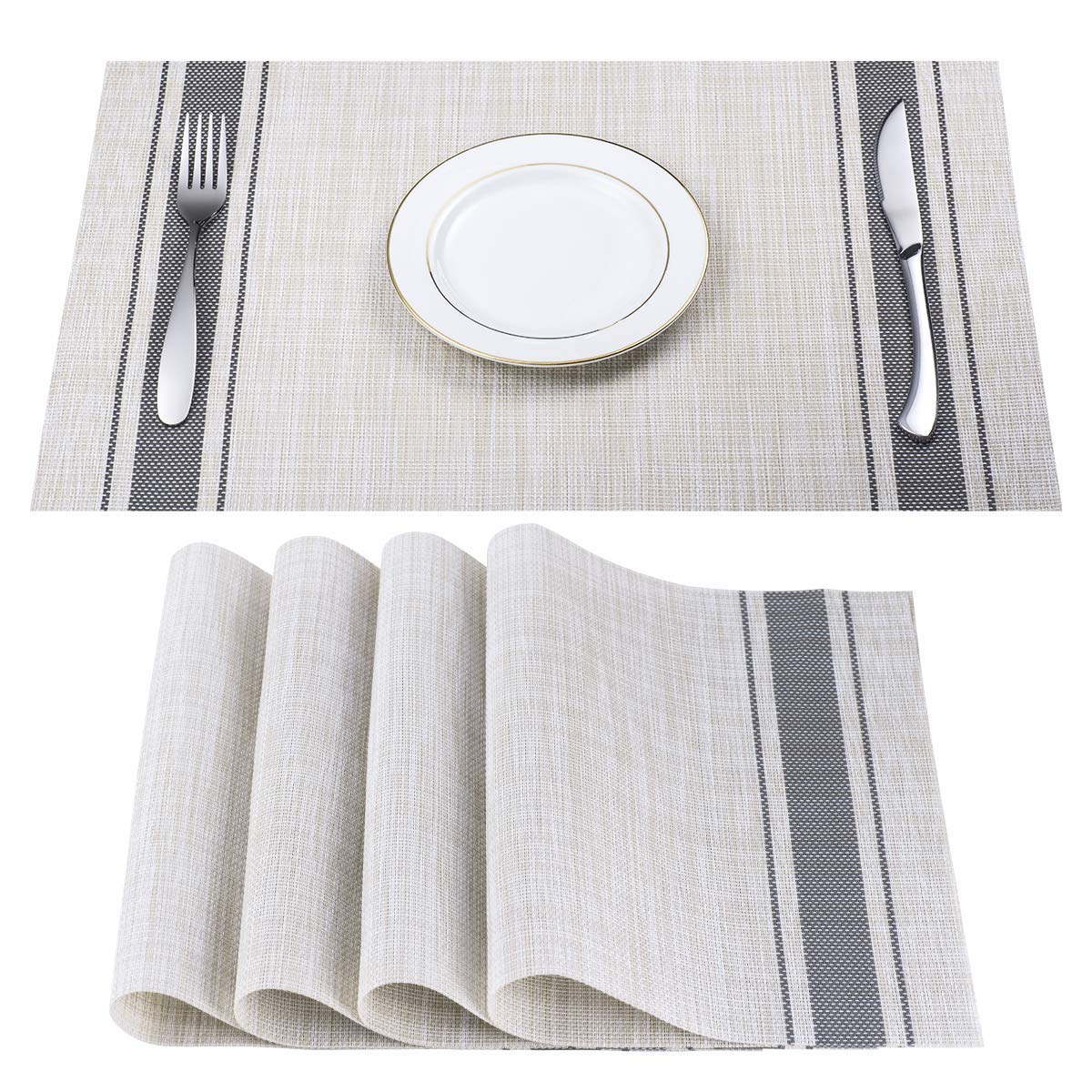 Premium Non-Slip PVC Woven Vinyl Placemats Set of 4 - Waterproof & Heat-Resistant Kitchen Table Mats for Dining, Parties & Home Decor (Grey)