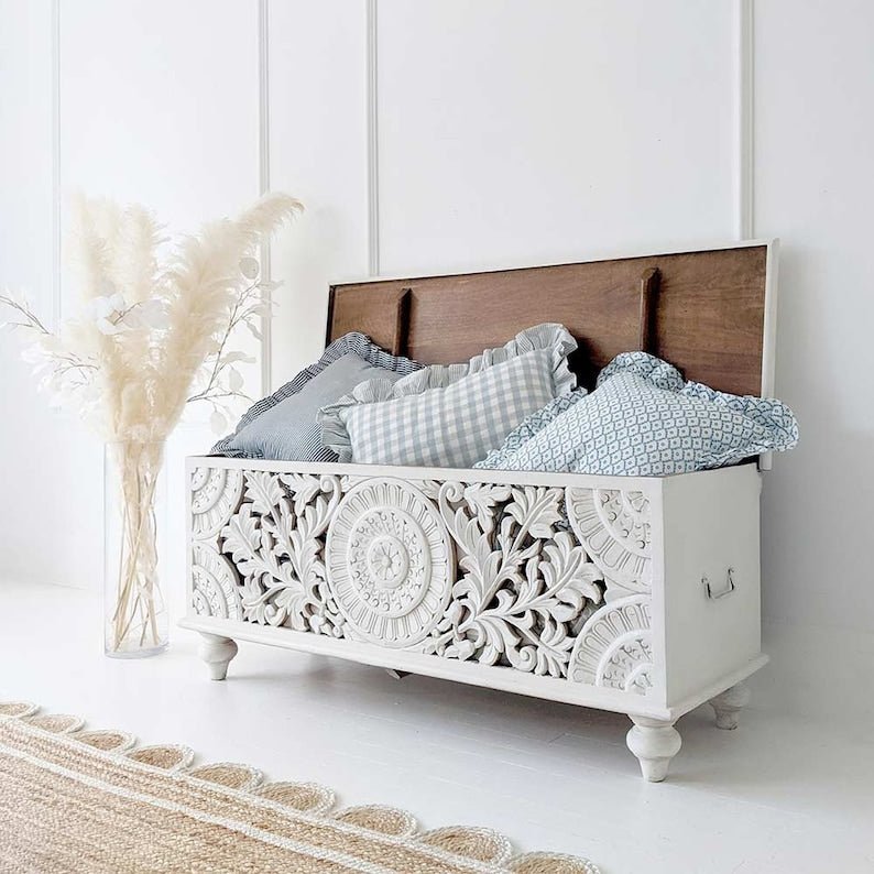 Hand Carved Lombok Blanket Box - Traditional Wooden Storage Chest for Blankets, Linens & Home Decor | Perfect for Bedroom, Living Room & Nursery Organization