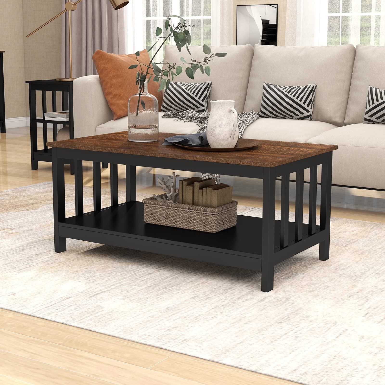 ChooChoo Farmhouse Coffee Table - 40 Inch Rustic Black Wooden Living Room Table with Storage Shelf | Perfect for Small Spaces, Farmhouse Decor & Cozy Living Rooms