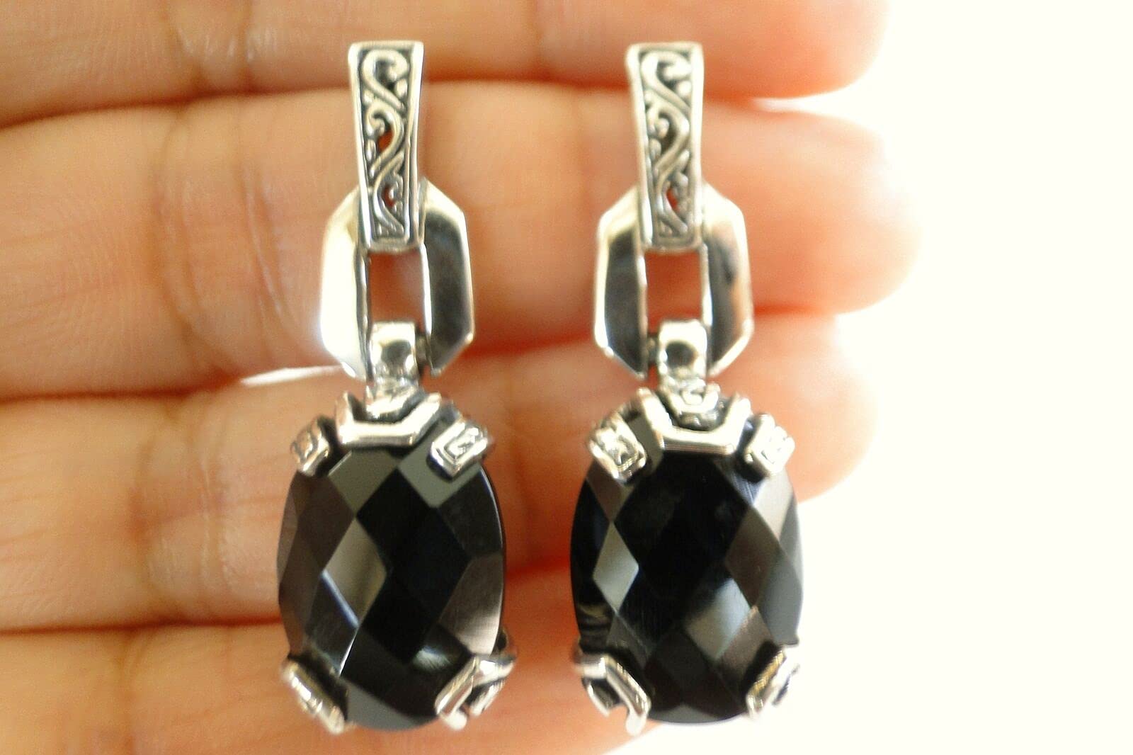 Black Onyx 925 Sterling Silver Dangle Drop Earrings for Women - Elegant Statement Stud Post Jewelry for Party, Wedding & Evening Wear