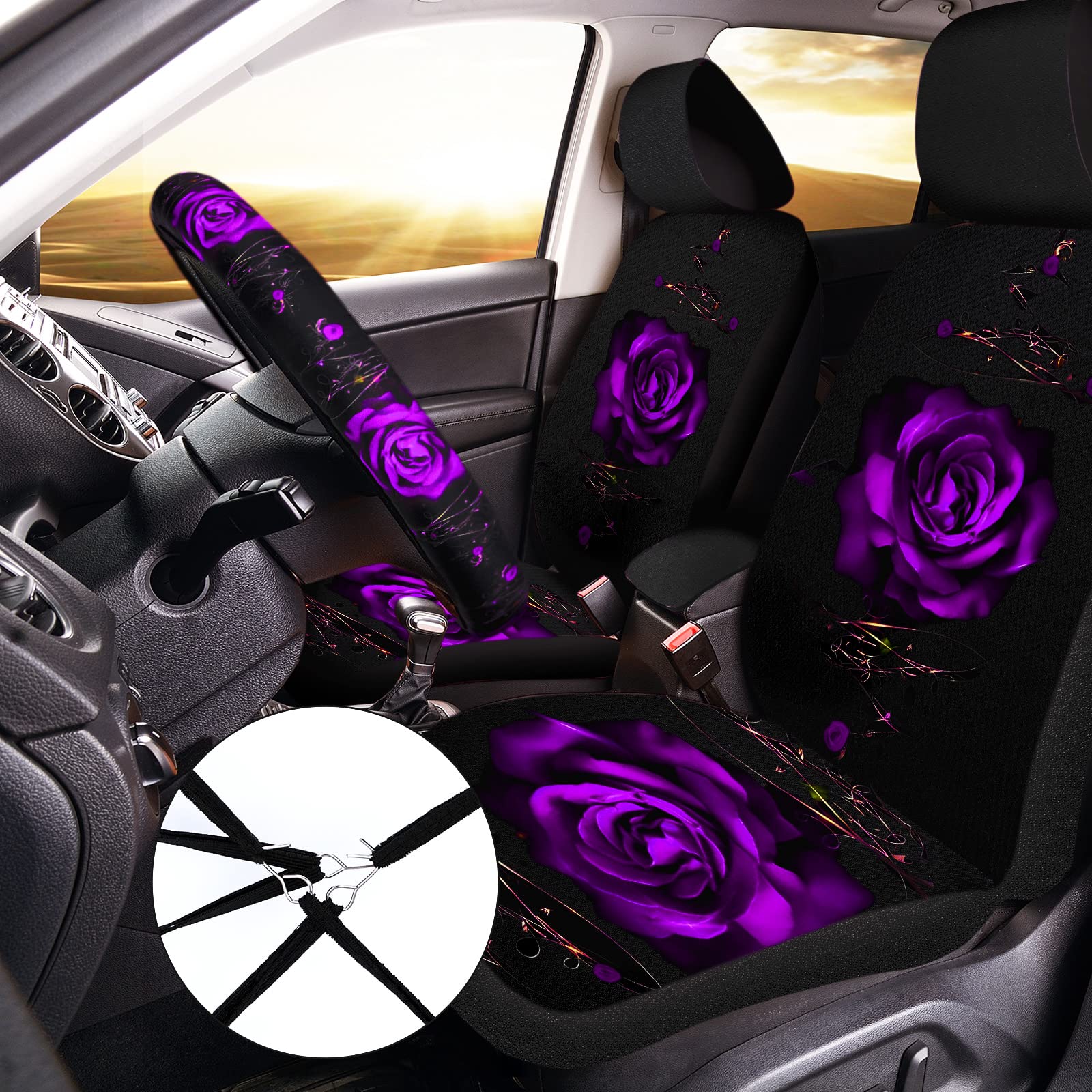 15-Piece Rose Flower Car Seat Cover Set for Women - Universal Fit with Steering Wheel, Armrest & Seatbelt Covers - Front & Rear Backrest Protectors - Soft Polyester Fabric (Purple) - Perfect for Daily Commute, Road Trips & Car Interior Decoration