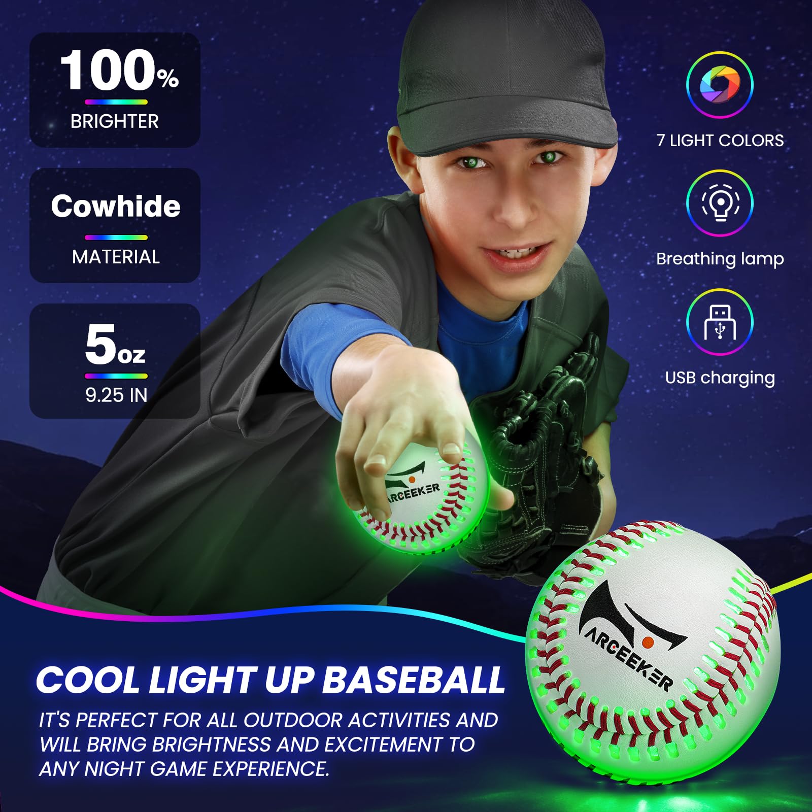 Glow in The Dark LED Baseball Toy with 7 Color Changing Lights - Perfect for Nighttime Baseball Games, Backyard Play, and Fun Gifts for Boys, Girls & Baseball Fans