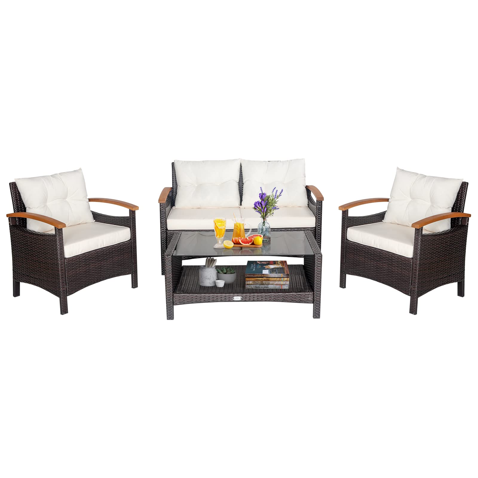 HAPPYGRILL 4-Piece Outdoor Patio Furniture Set - Rattan Sectional Sofa with Soft Cushions & Coffee Table, Wicker Conversation Set with Acacia Wood Armrests - Perfect for Poolside, Garden, Backyard, Deck & Patio Relaxation