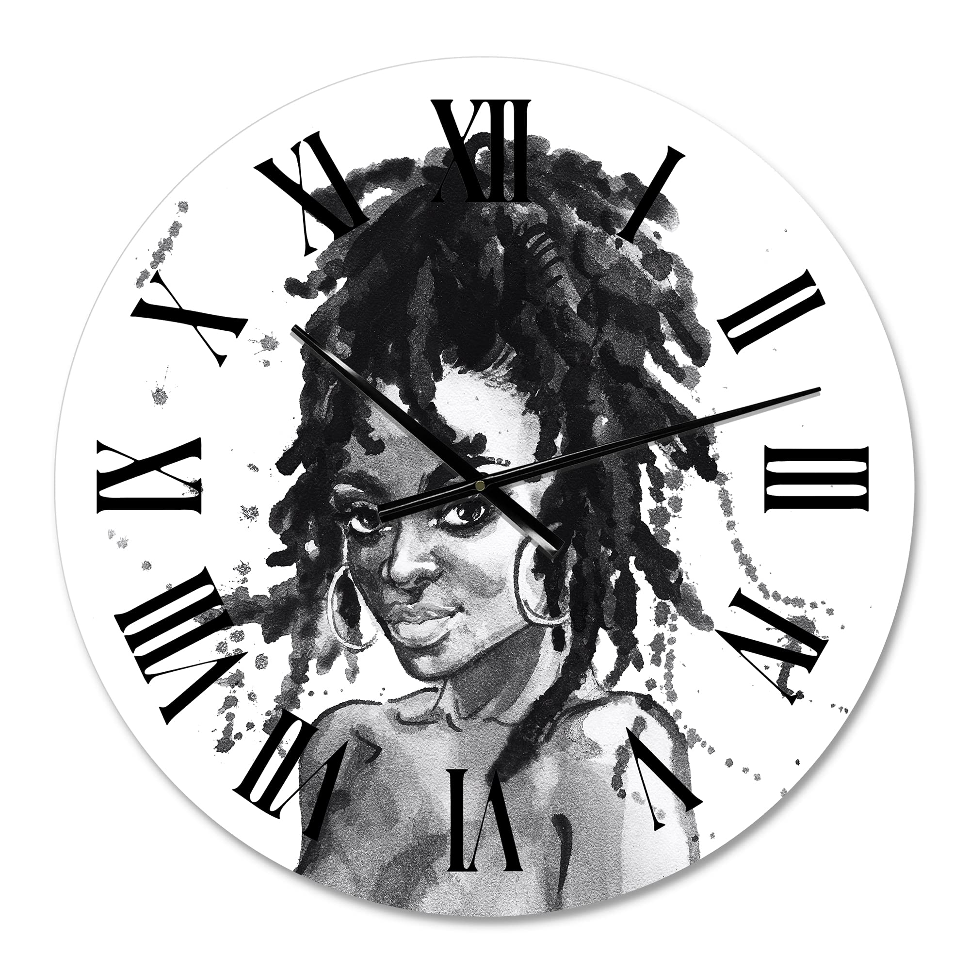 DesignQ Modern Wall Clock - Monochrome Portrait of African American Woman II - Large Decorative Wall Clock for Living Room, Bedroom & Office - Unique Home Decor Gift Idea