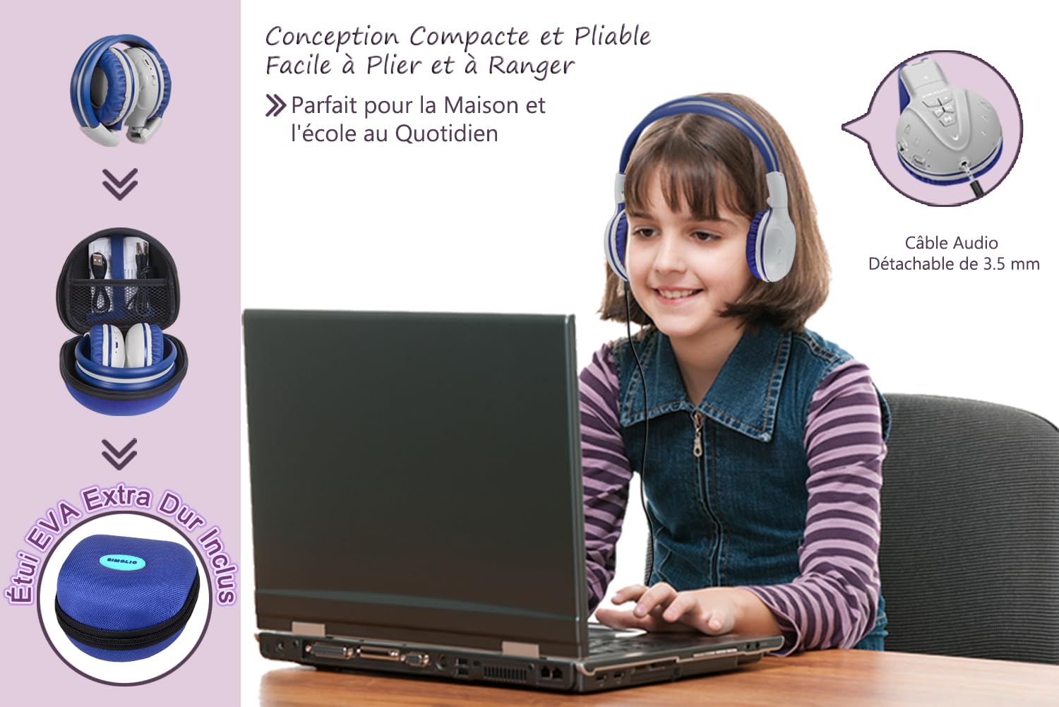 SIMOLIO Kids Bluetooth Headphones with Microphone - Volume Limited (75dB/85dB/94dB) Wireless Over-Ear Headset for Boys & Girls, Adjustable & Foldable Design - Perfect for School, Travel, Airplane & Tablet Use (Grey)