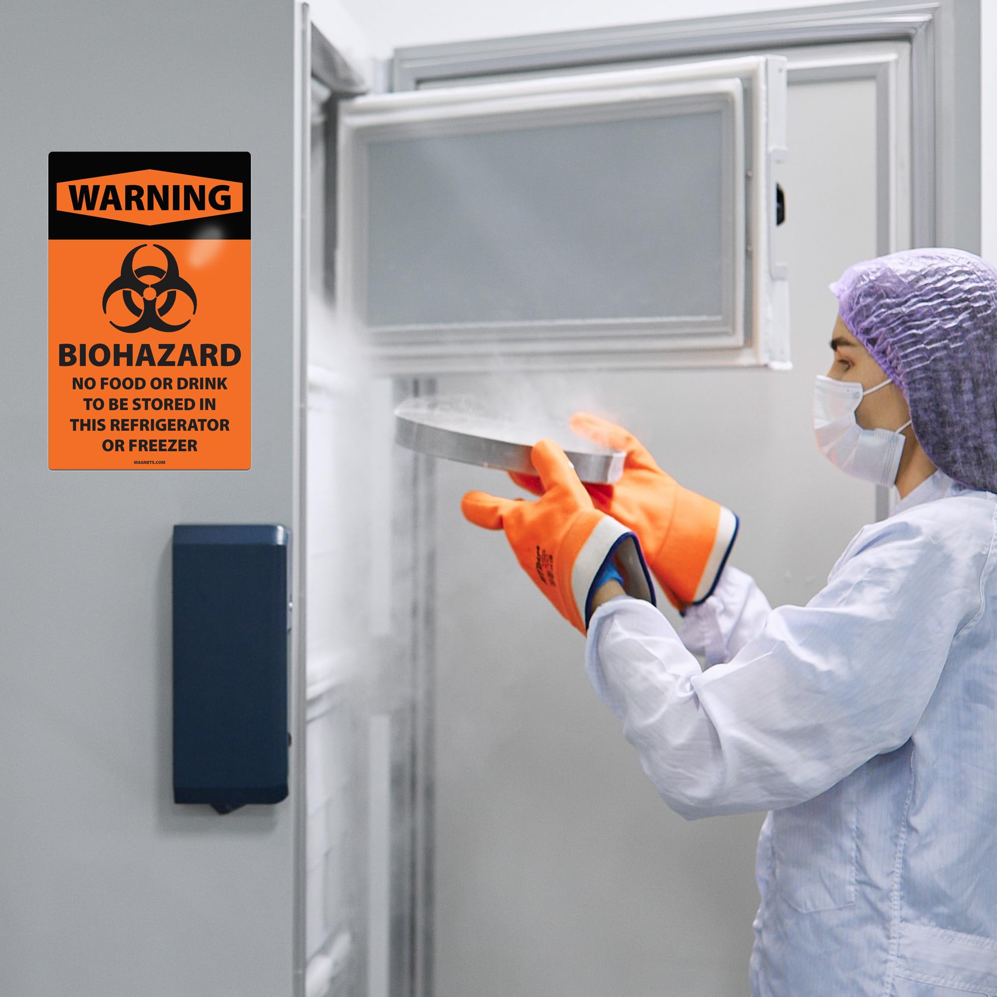 10 Pack - Biohazard Magnetic Signs for OSHA Compliance, No Food or Drink Stored in Refrigerator/Freezer - Perfect for Labs, Hospitals & Food Safety Areas