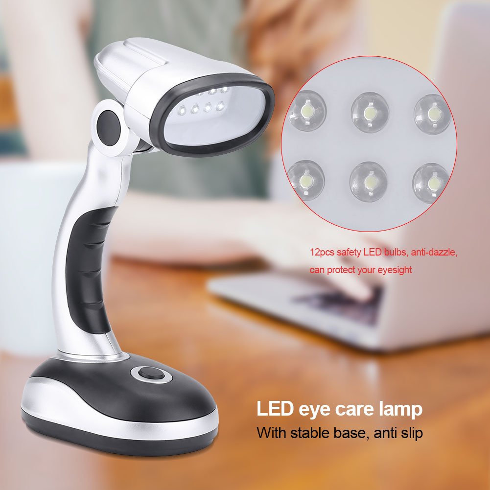 Zerodis Adjustable 12 LED Desk Lamp with Eye Protection - Battery Powered Reading Light for Study, Office & Bedroom Use